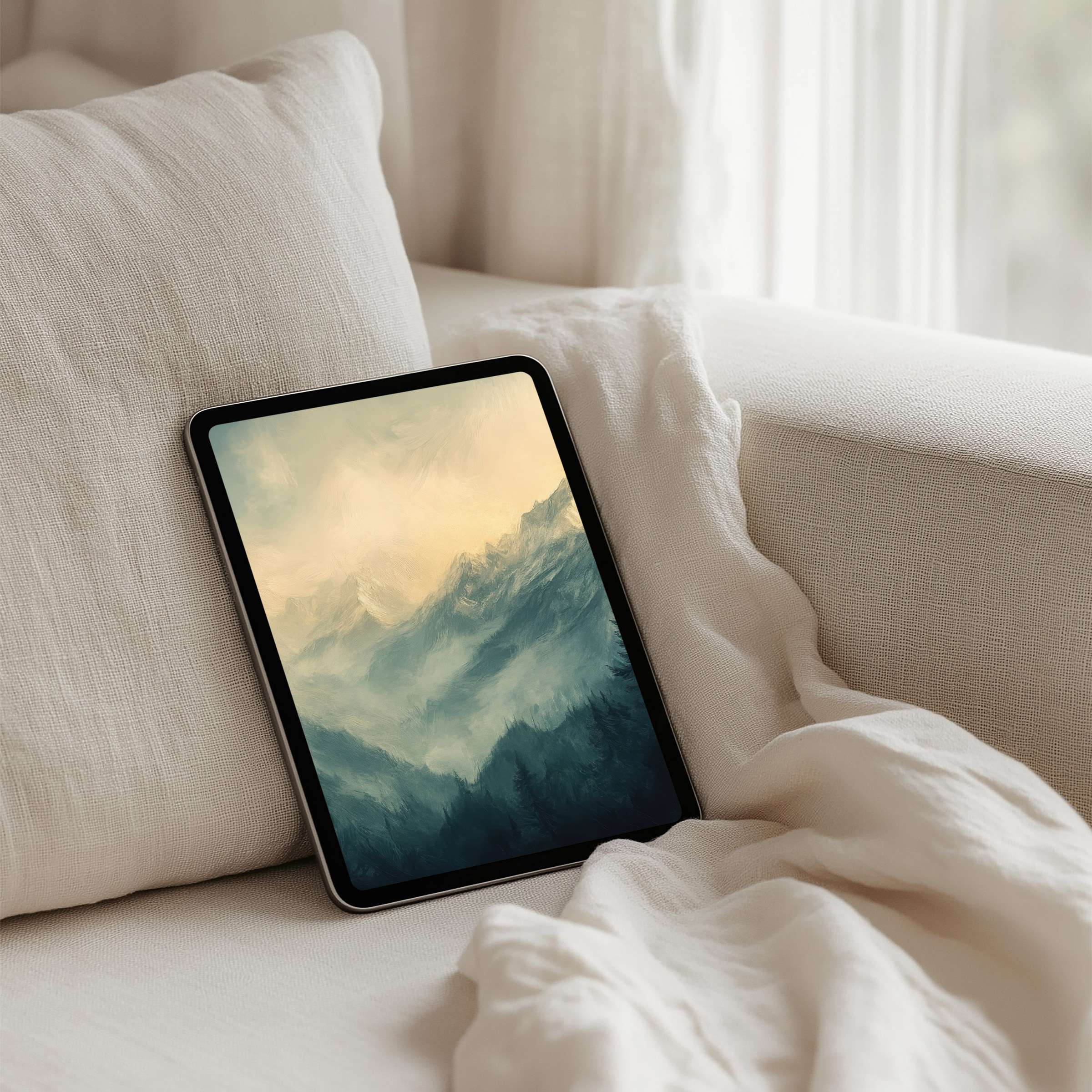 Tranquil mountain scene iPad background for instant download adds calm elegance to any tablet, inspiring mindfulness and serenity