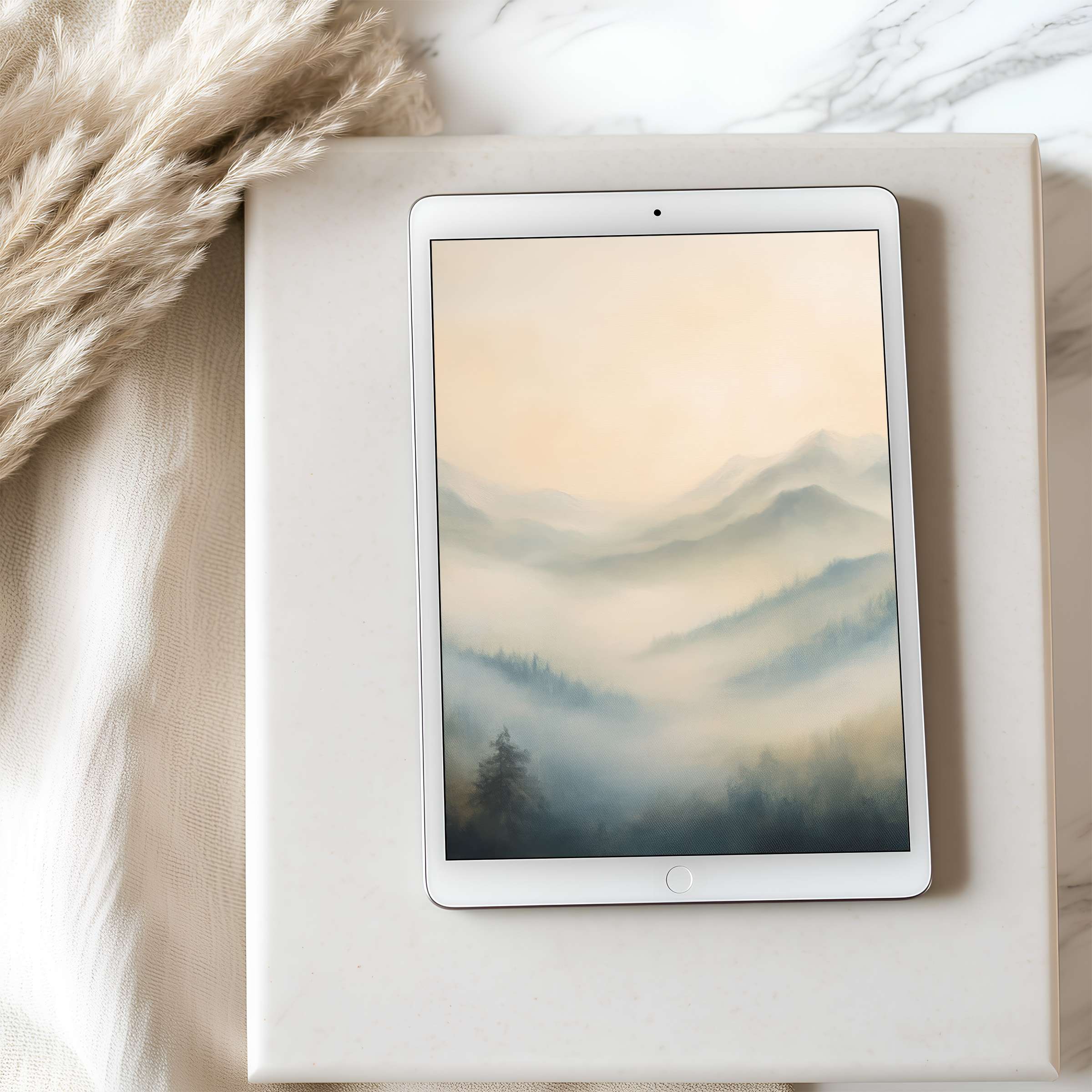 Elegant misty mountains tablet wallpaper offers a serene digital art experience, perfect for iPad, enhancing calm interiors, and easy download