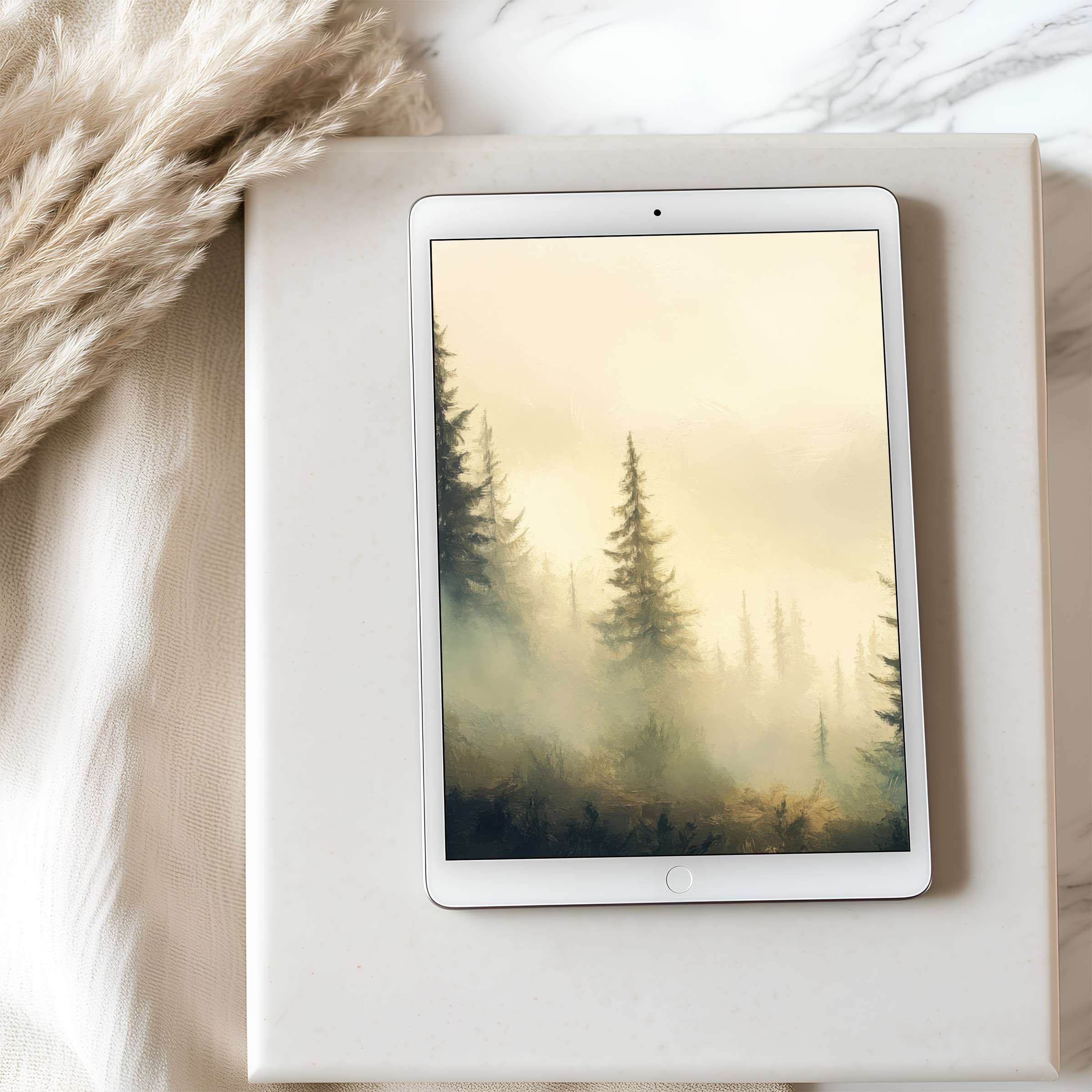 Elegant tablet wallpaper featuring serene misty forest artwork in soft hues, ideal for iPad or Android, perfect digital download