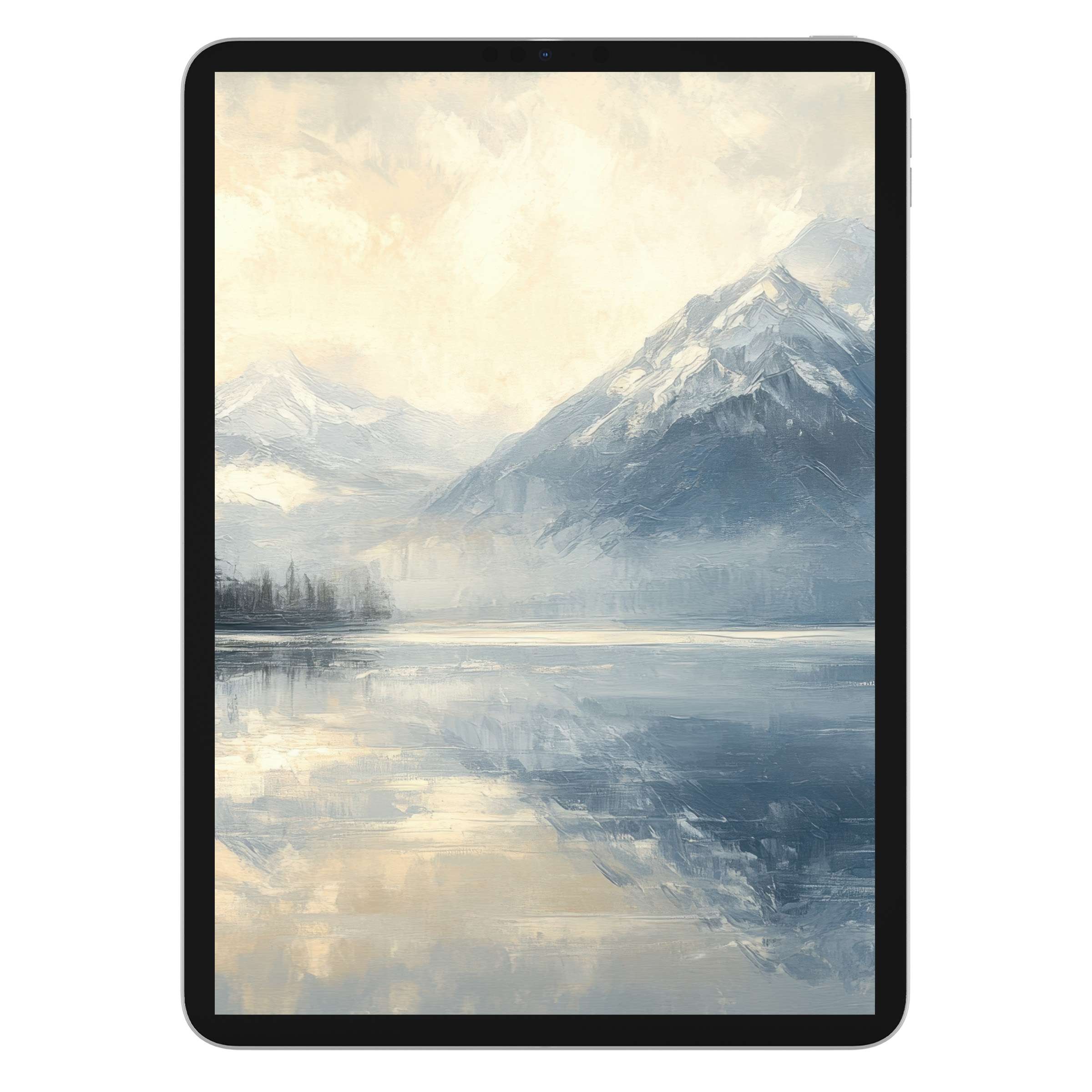 Elegant landscape iPad wallpaper features serene mountains and reflective waters, perfect as a calming digital download tablet background