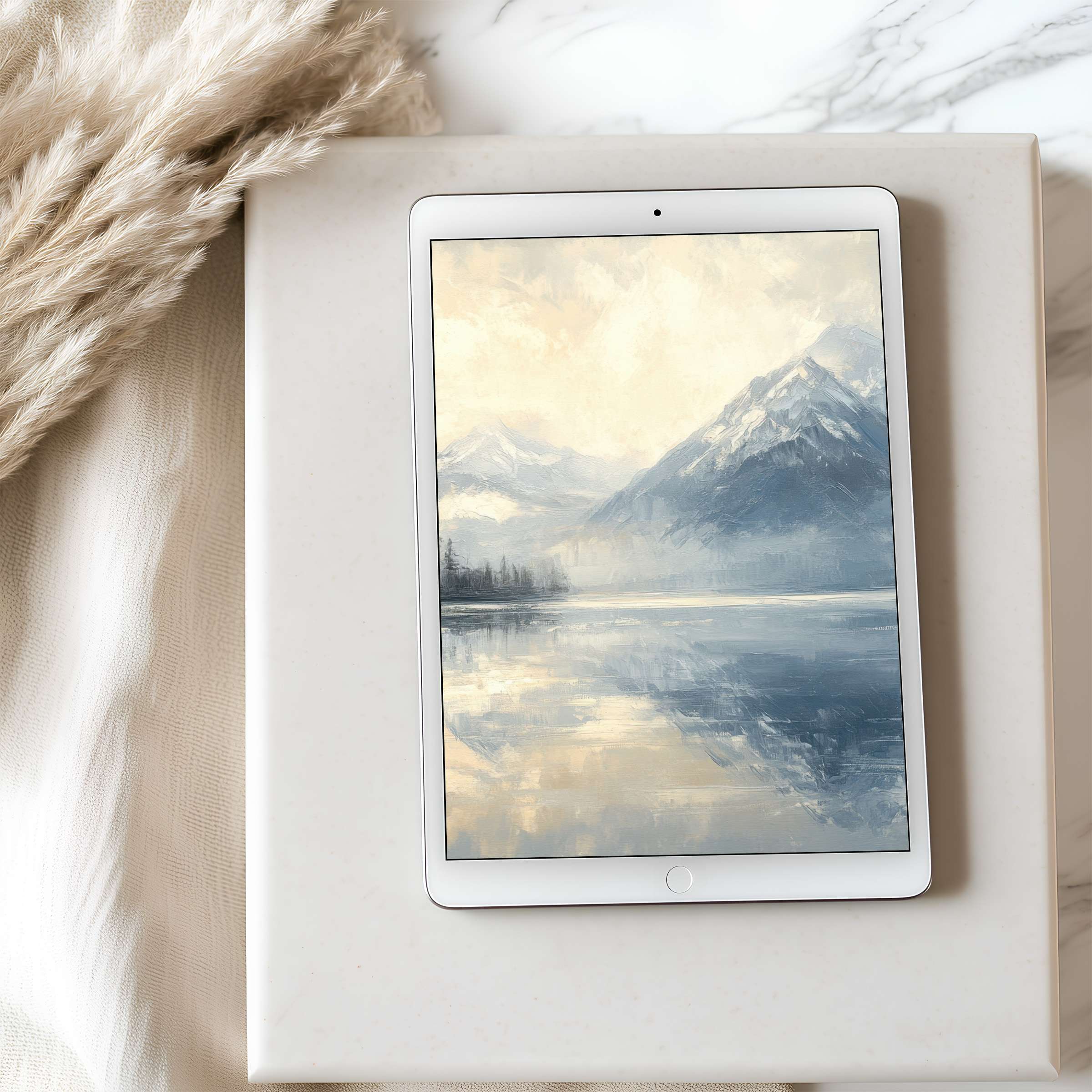 Elegant tablet wallpaper featuring serene mountain landscape in soft blues and creams perfect for iPad download high-resolution tranquility