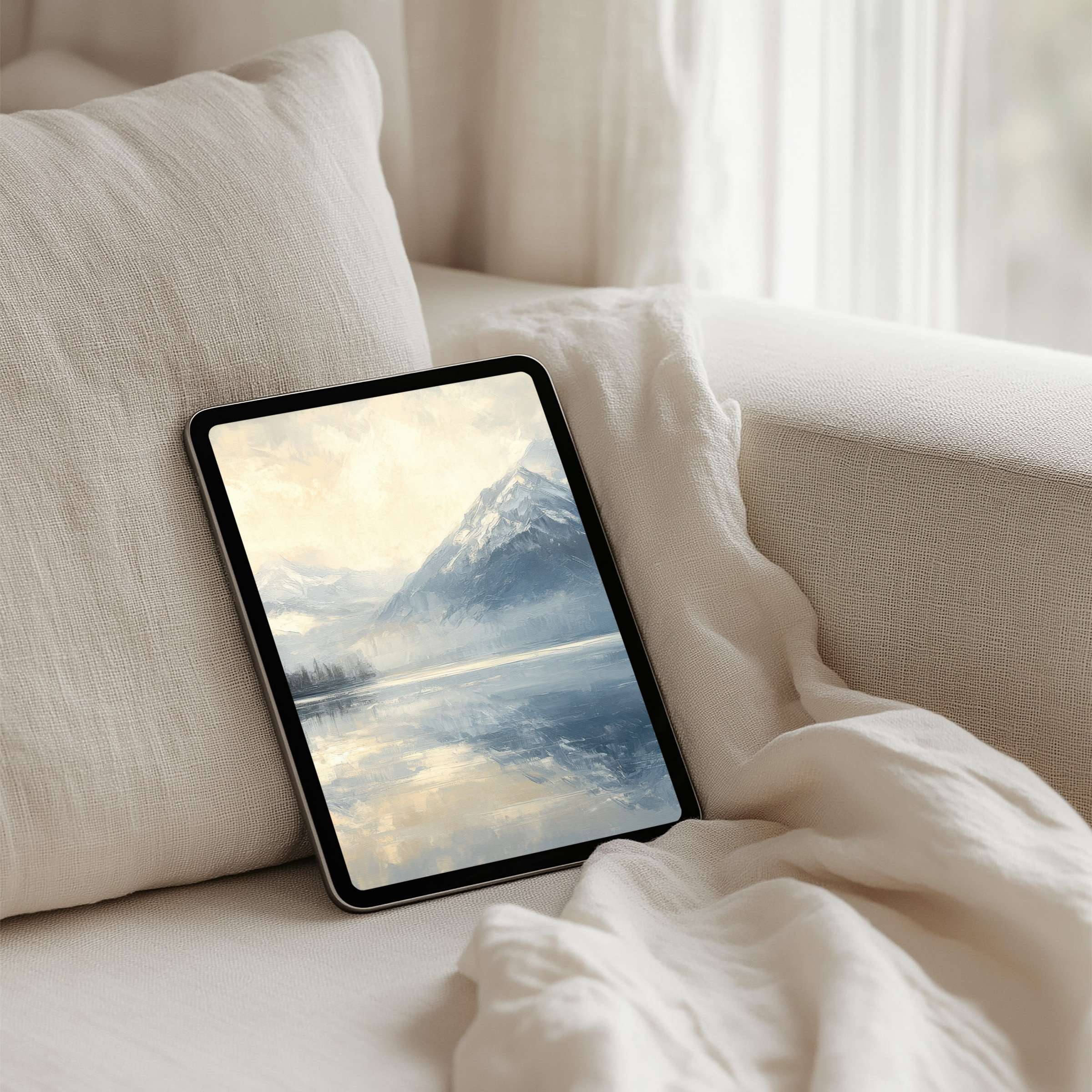 Elegant iPad background of serene mountain and lake art brings mindfulness and inspiration for tablet users with instant download
