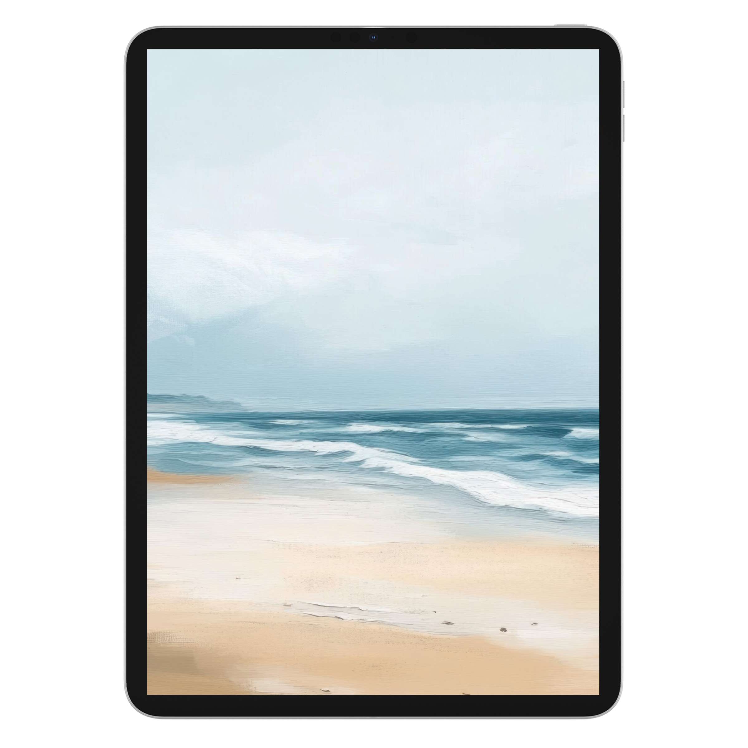 Serene landscape iPad wallpaper featuring soft ocean waves and sandy shores as a digital download tablet background for tranquility