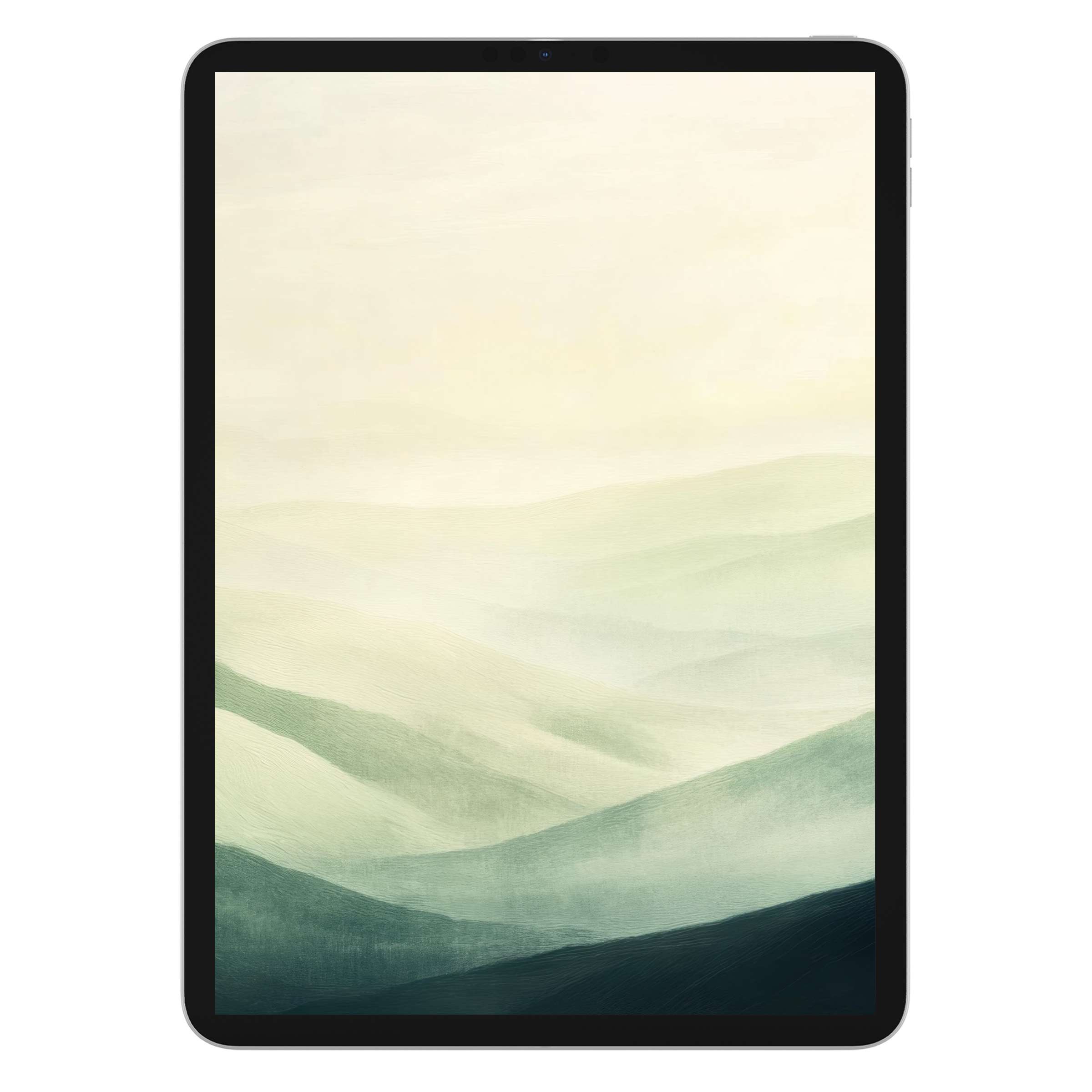Serene landscape iPad wallpaper in soft green watercolor tones offers a calm digital download background for tablets and Android devices