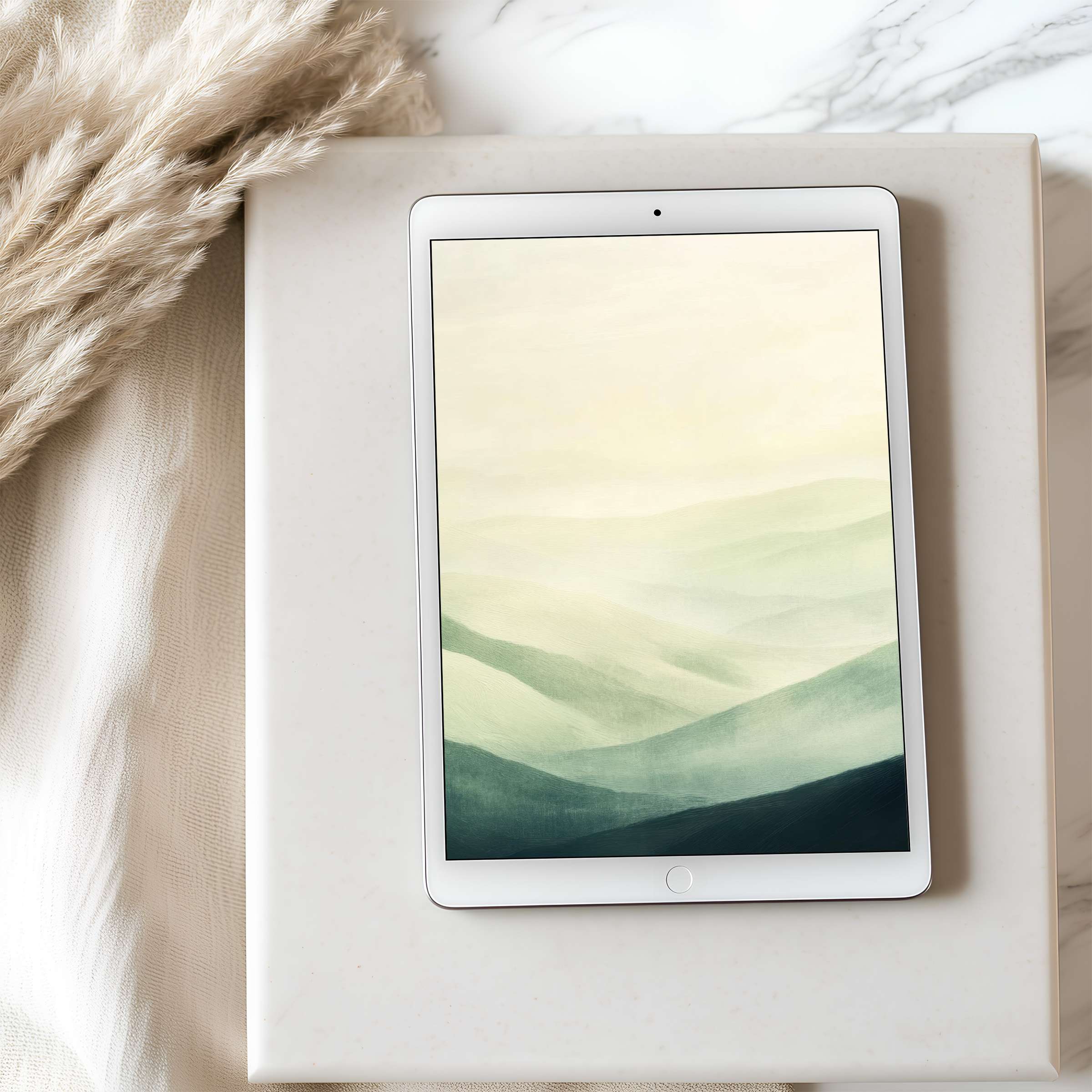 Elegant tablet wallpaper featuring soothing green and beige abstract landscape, ideal for iPad high resolution digital download