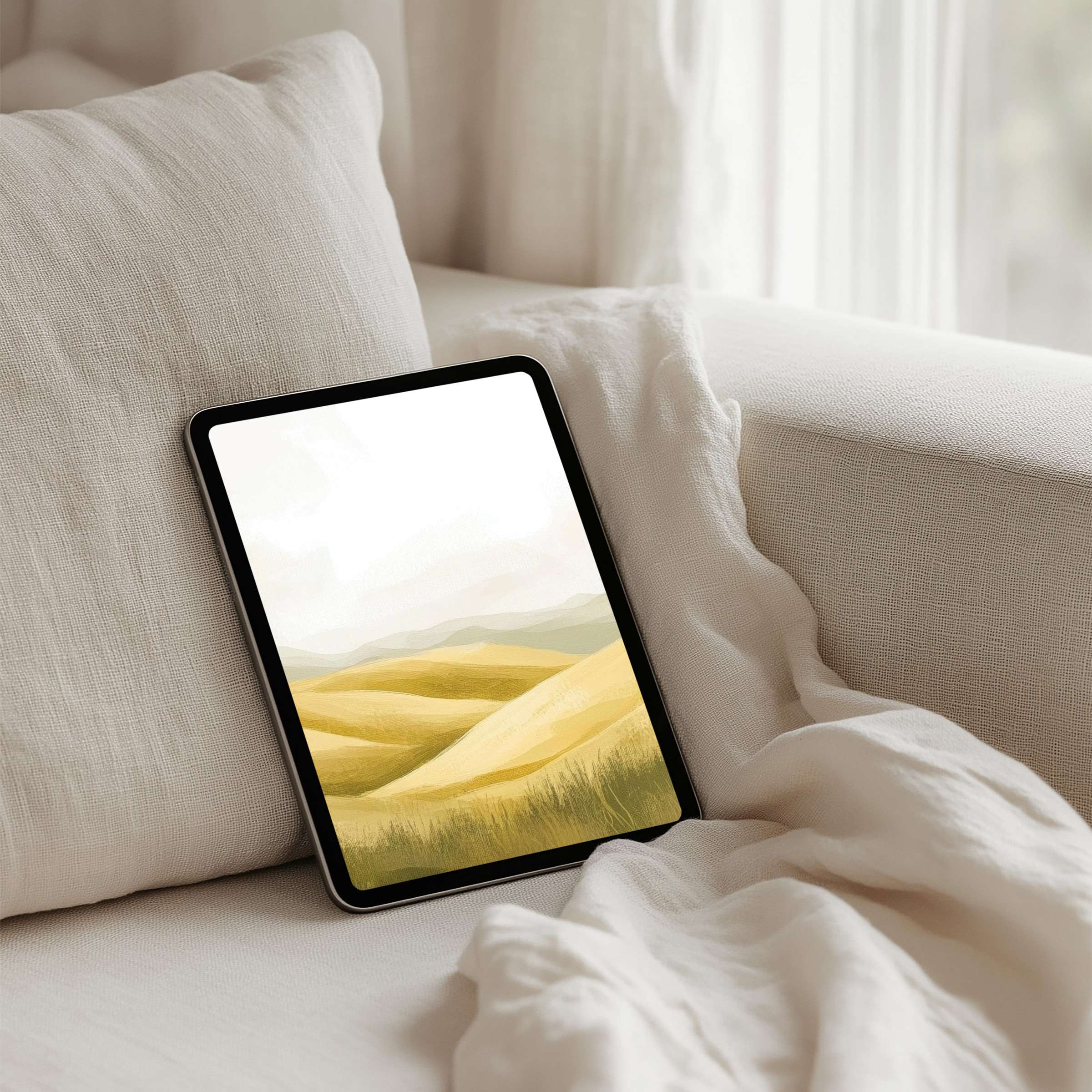 Elegant iPad background with serene golden hills offers calm and inspiration for your tablet, instant download available