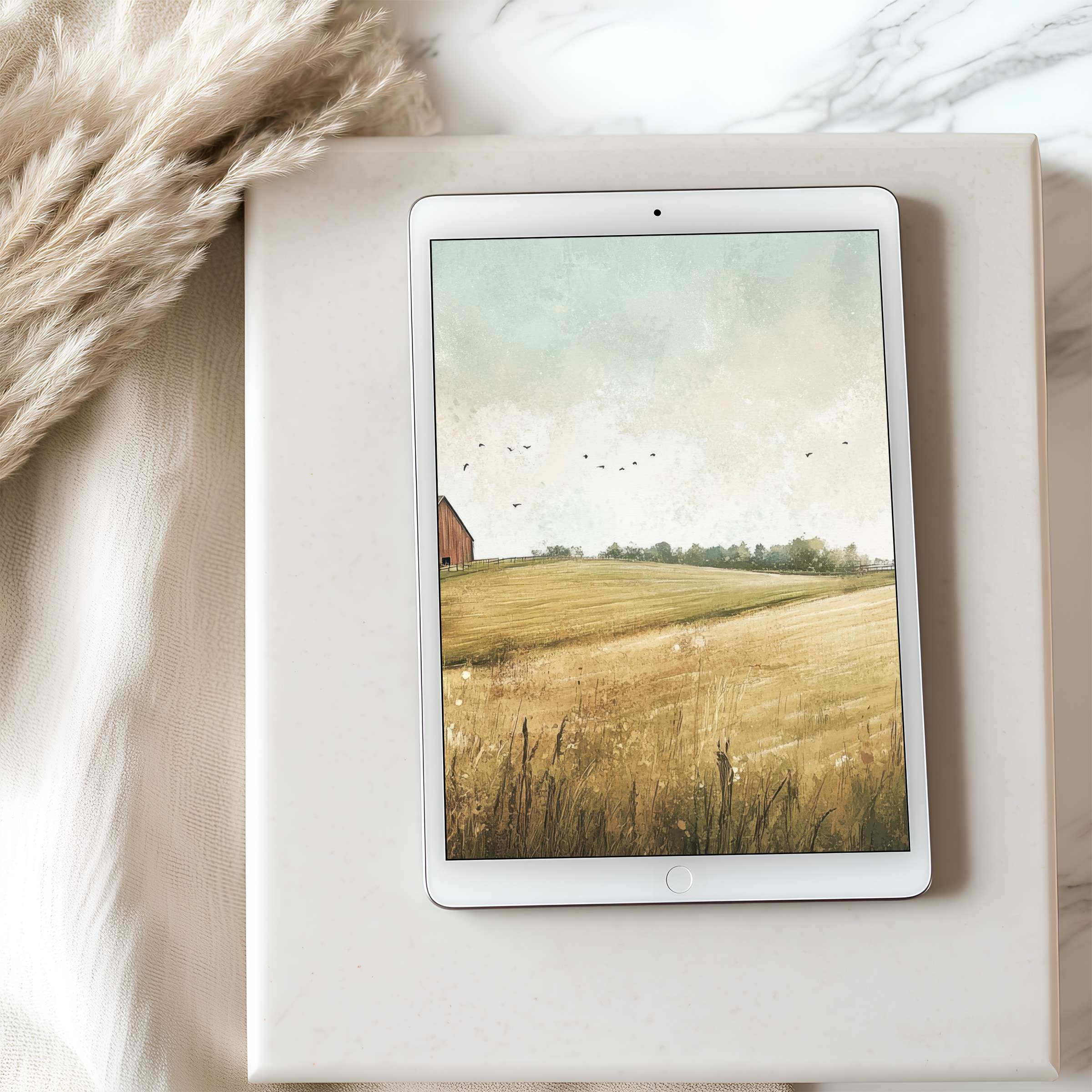 Serene landscape tablet wallpaper with soft pastels and a barn scene, perfect high resolution download for iPad and Android tablets