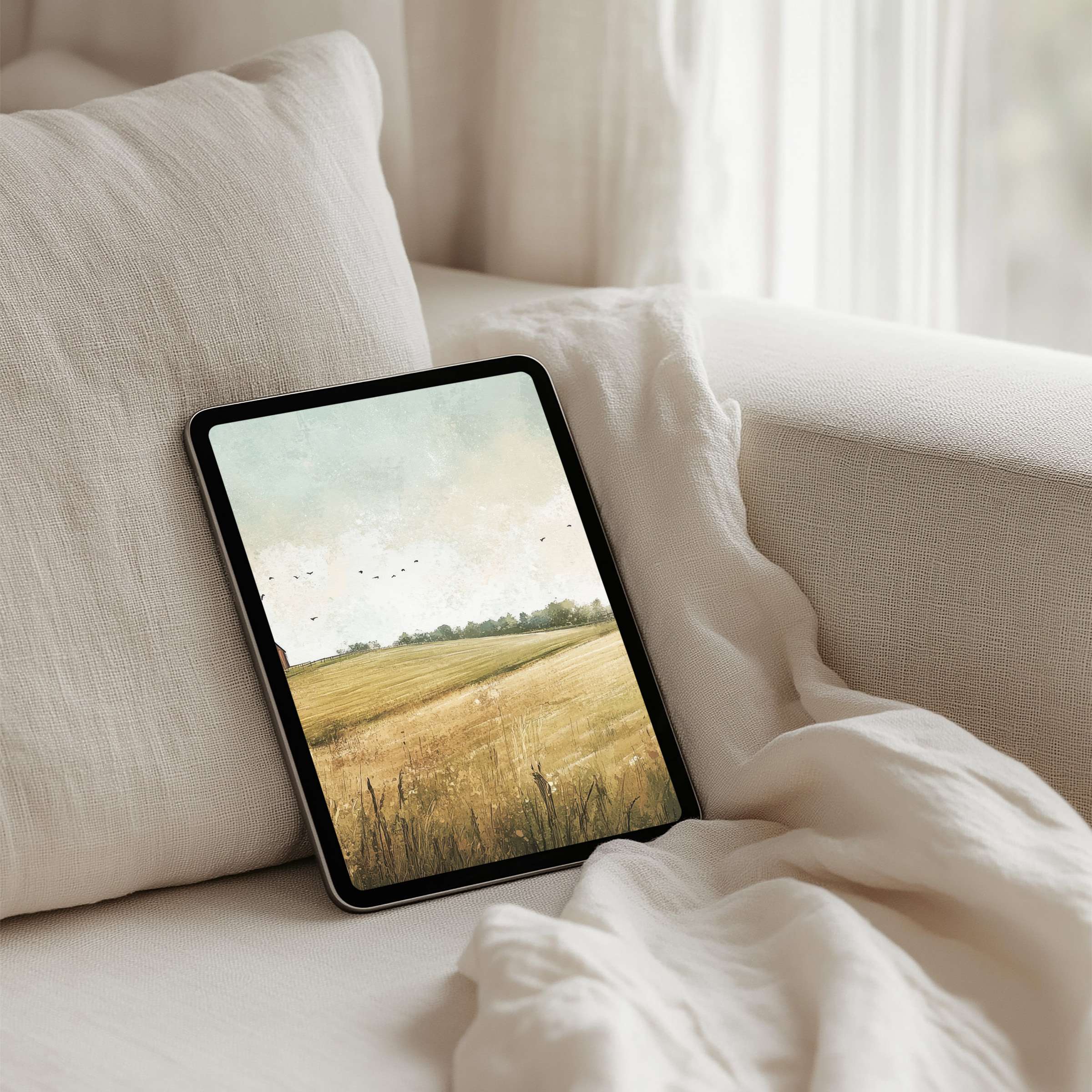 Elegant iPad background depicting a serene field landscape, perfect for instant download on any tablet, bringing calm inspiration