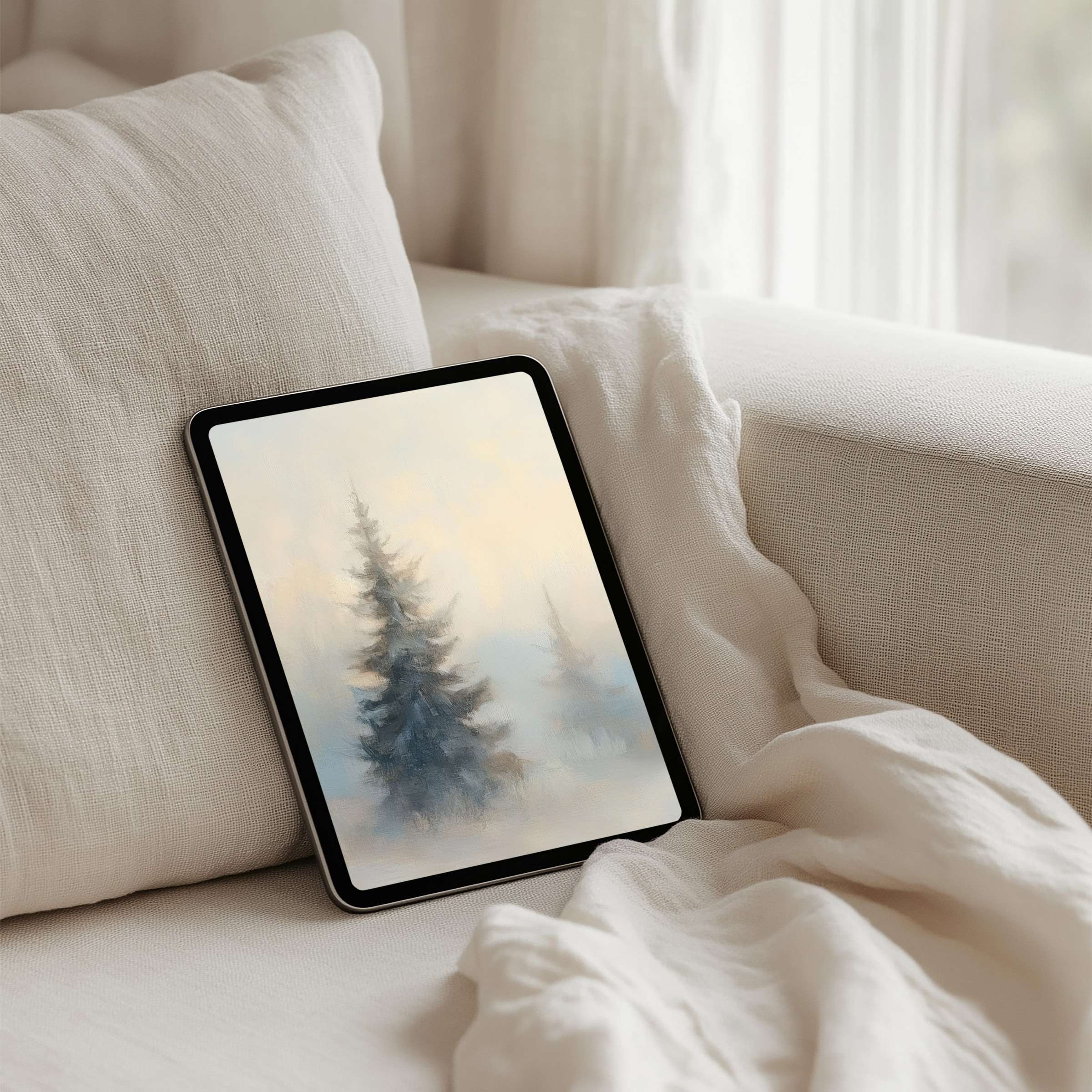 Calming misty forest scene offers an elegant iPad background for instant download on any tablet, inspiring mindfulness and serenity