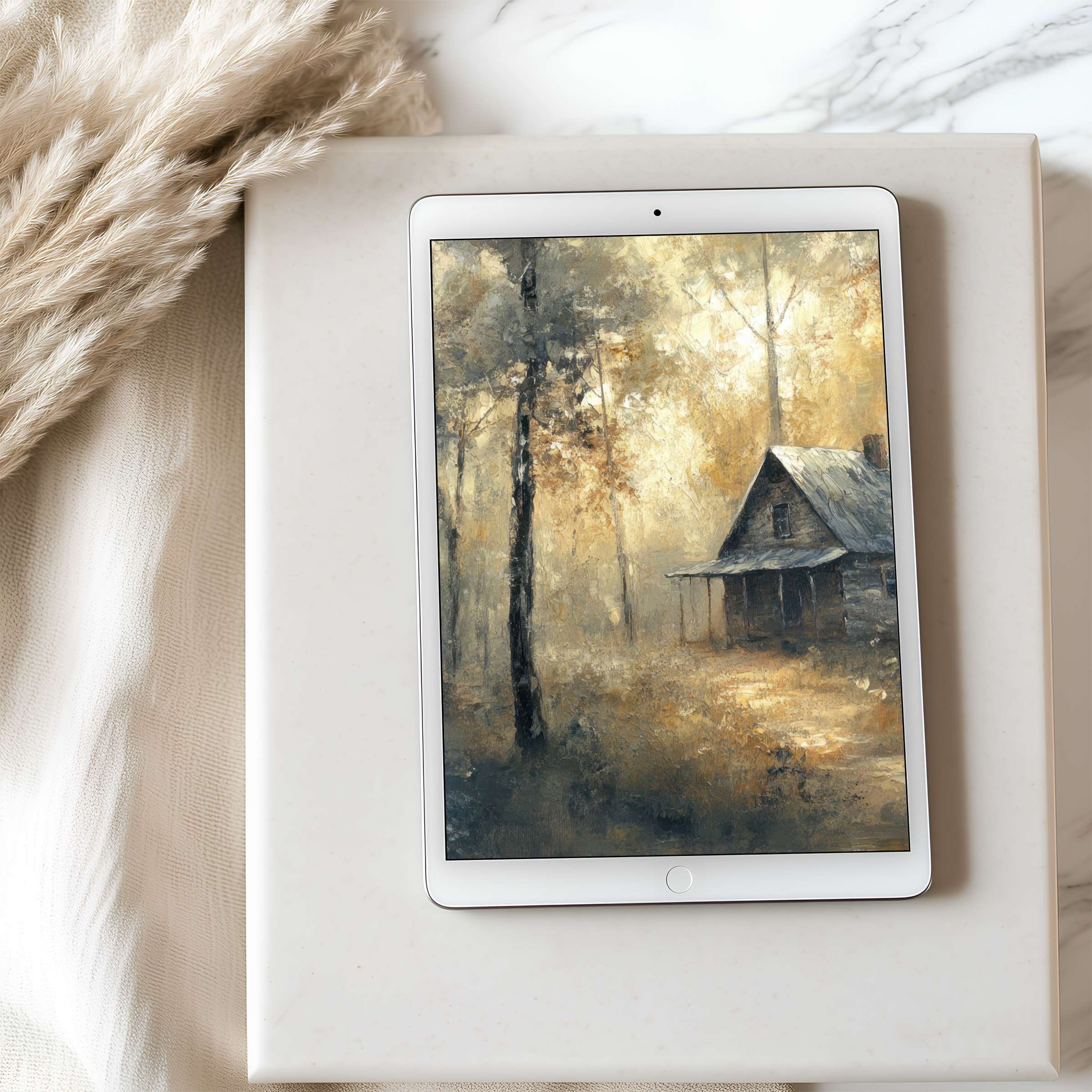 Elegant tablet wallpaper featuring a tranquil forest cabin in warm tones, perfect for high resolution iPad downloads adding serenity