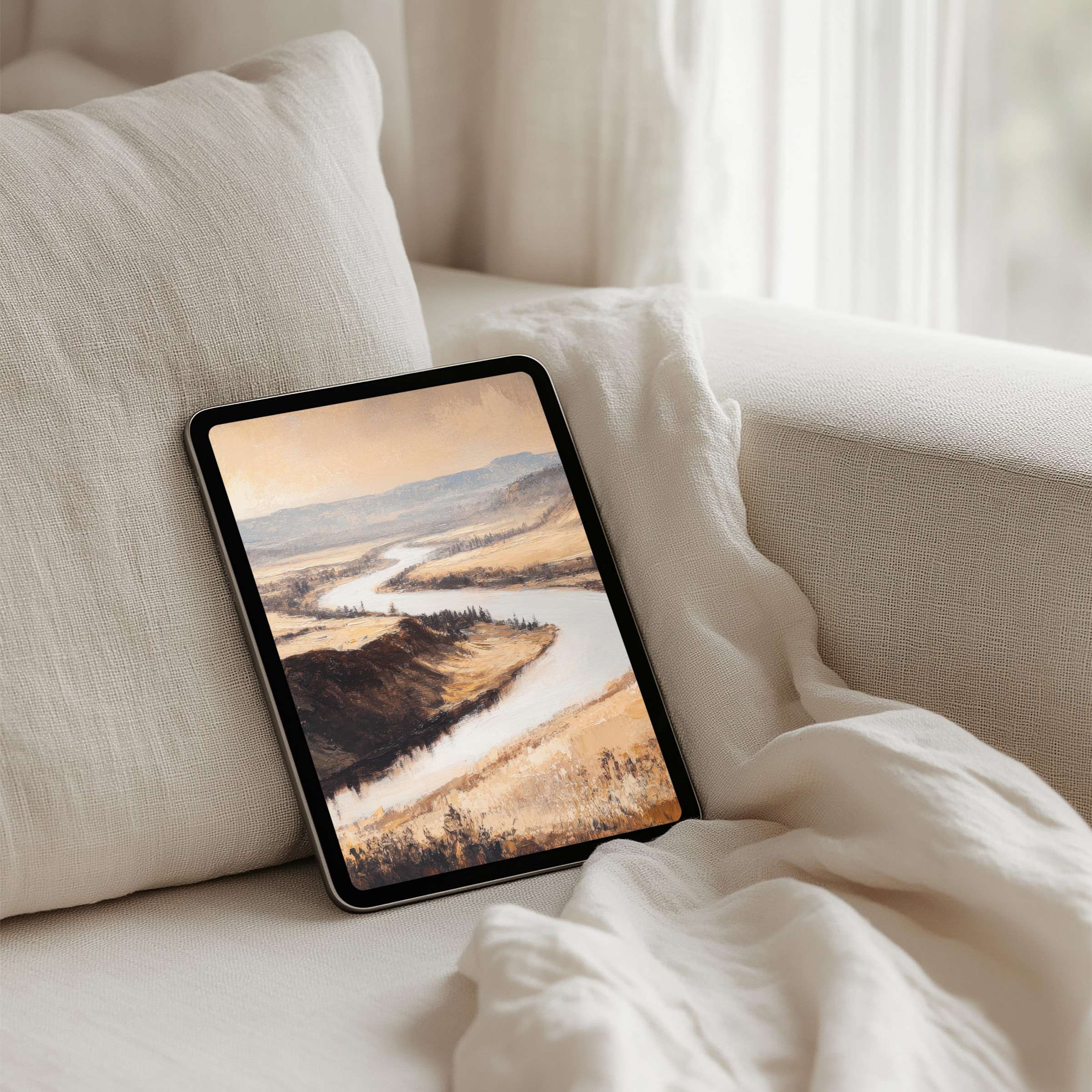Serene landscape painting as an iPad background for instant download fitting Samsung and Android tablets inspires elegance and calm