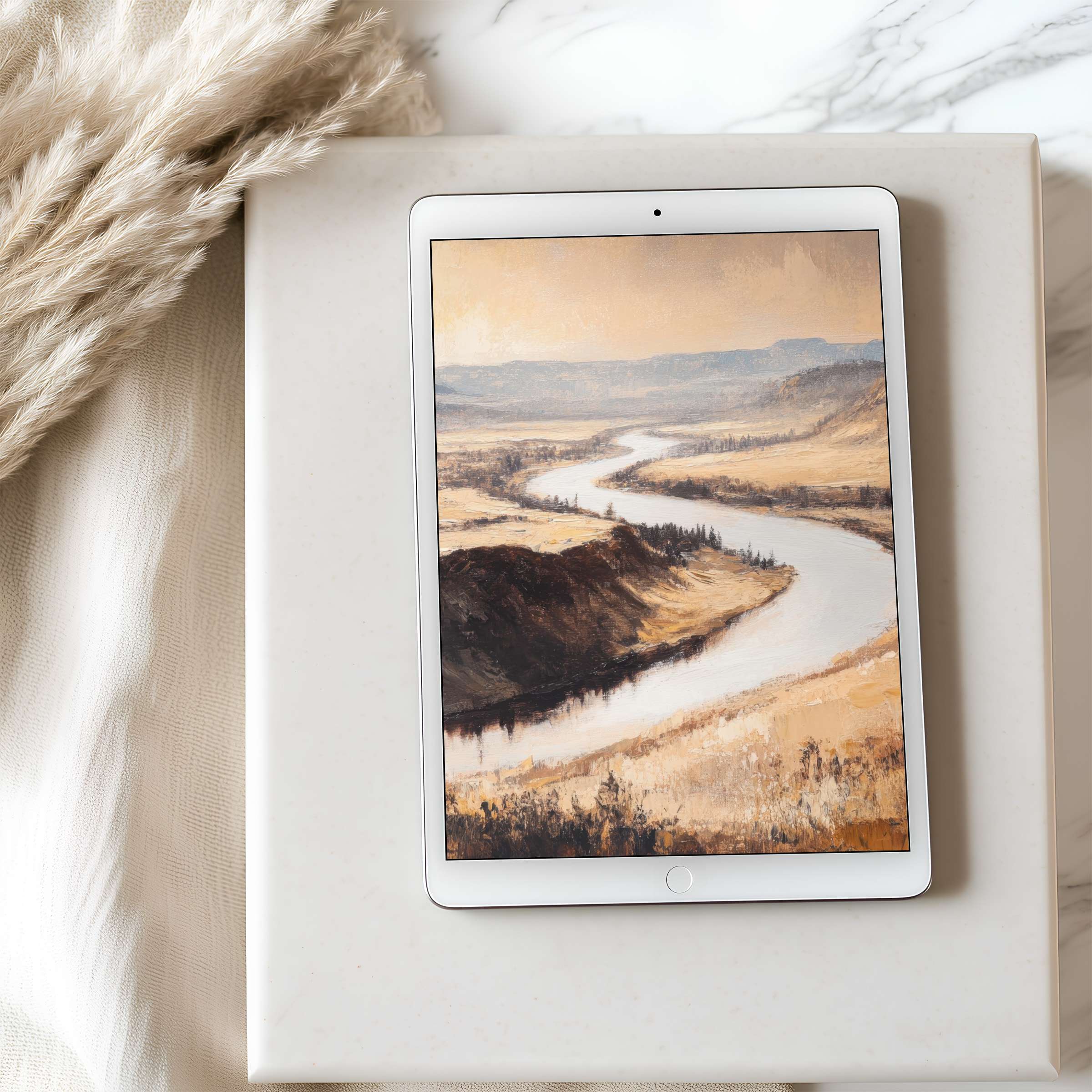 Elegant tablet wallpaper featuring a serene river landscape in warm tones perfect for high-resolution iPad or Android display download