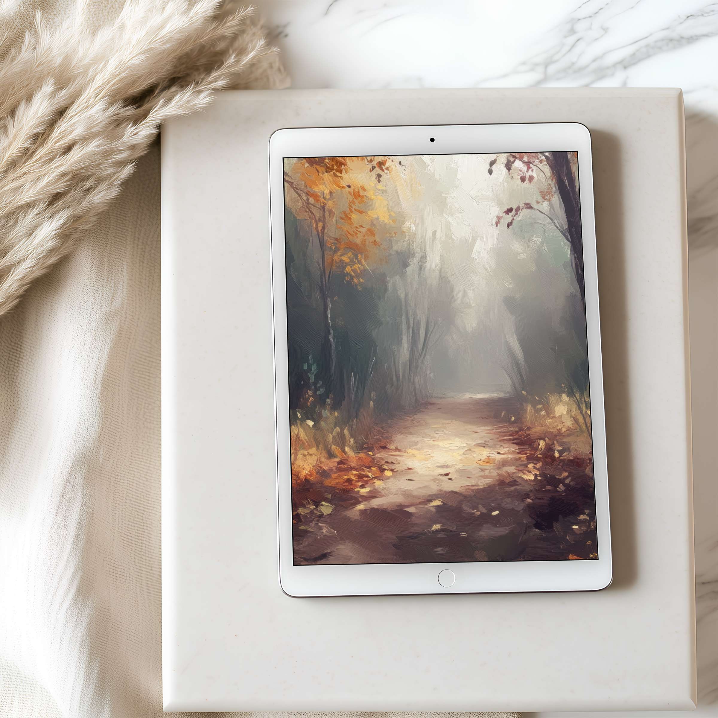 Elegant tablet wallpaper featuring an autumn forest path in high resolution creates a serene, aesthetic digital escape for iPad users