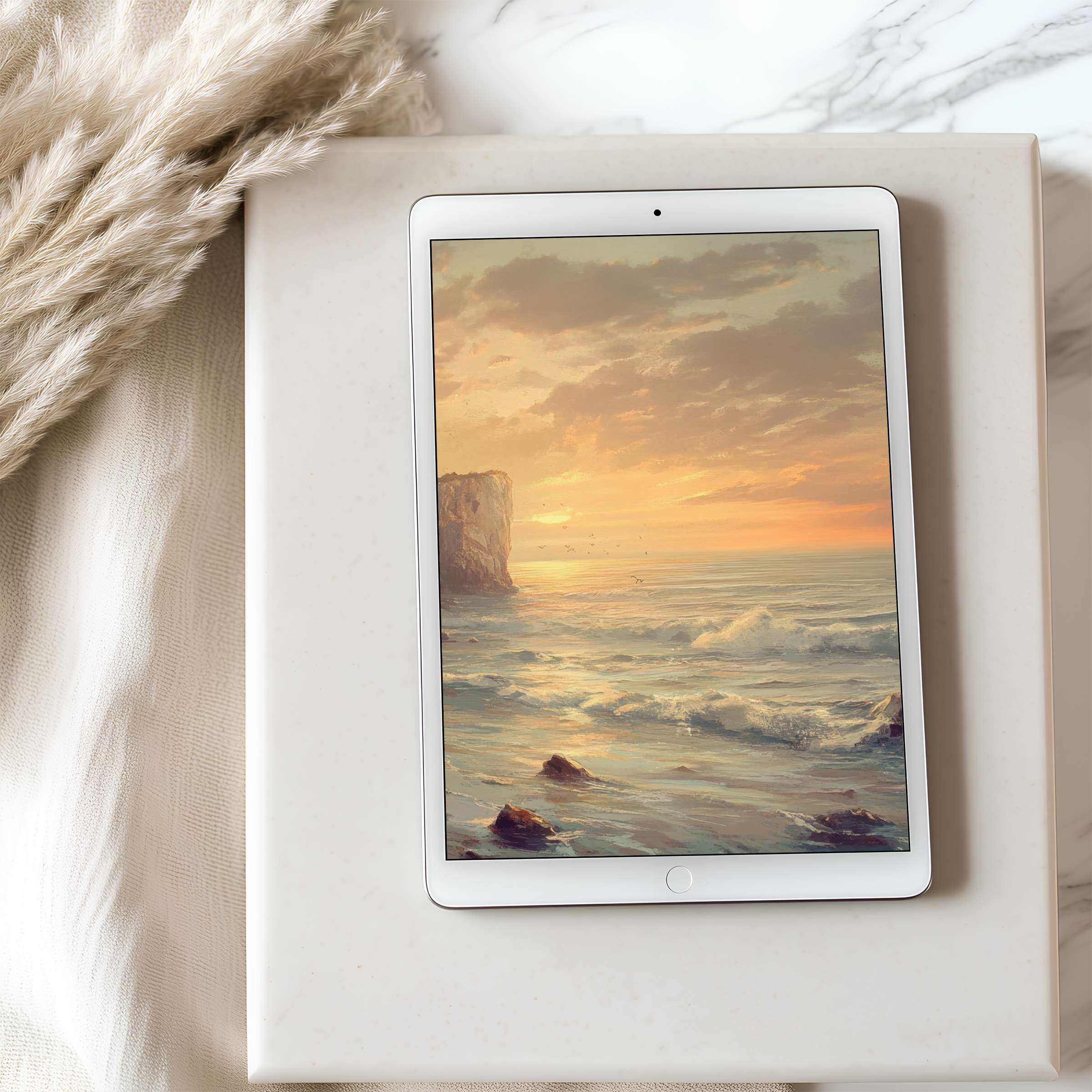 Elegant tablet wallpaper with serene ocean sunset in warm tones, perfect high resolution for iPad or Android digital download