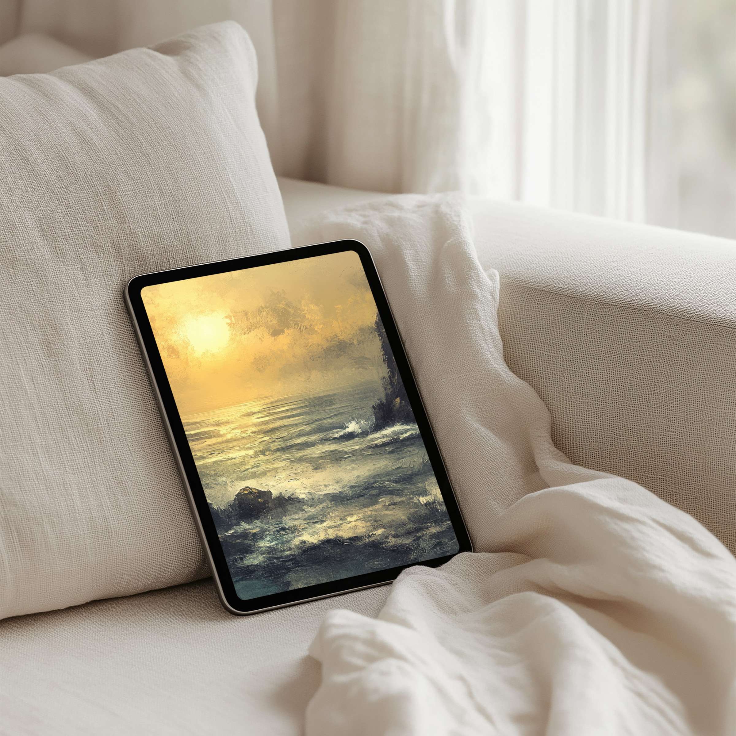Elegant iPad background with serene seascape in warm hues evokes calm; instant download fits all tablets for mindful inspiration