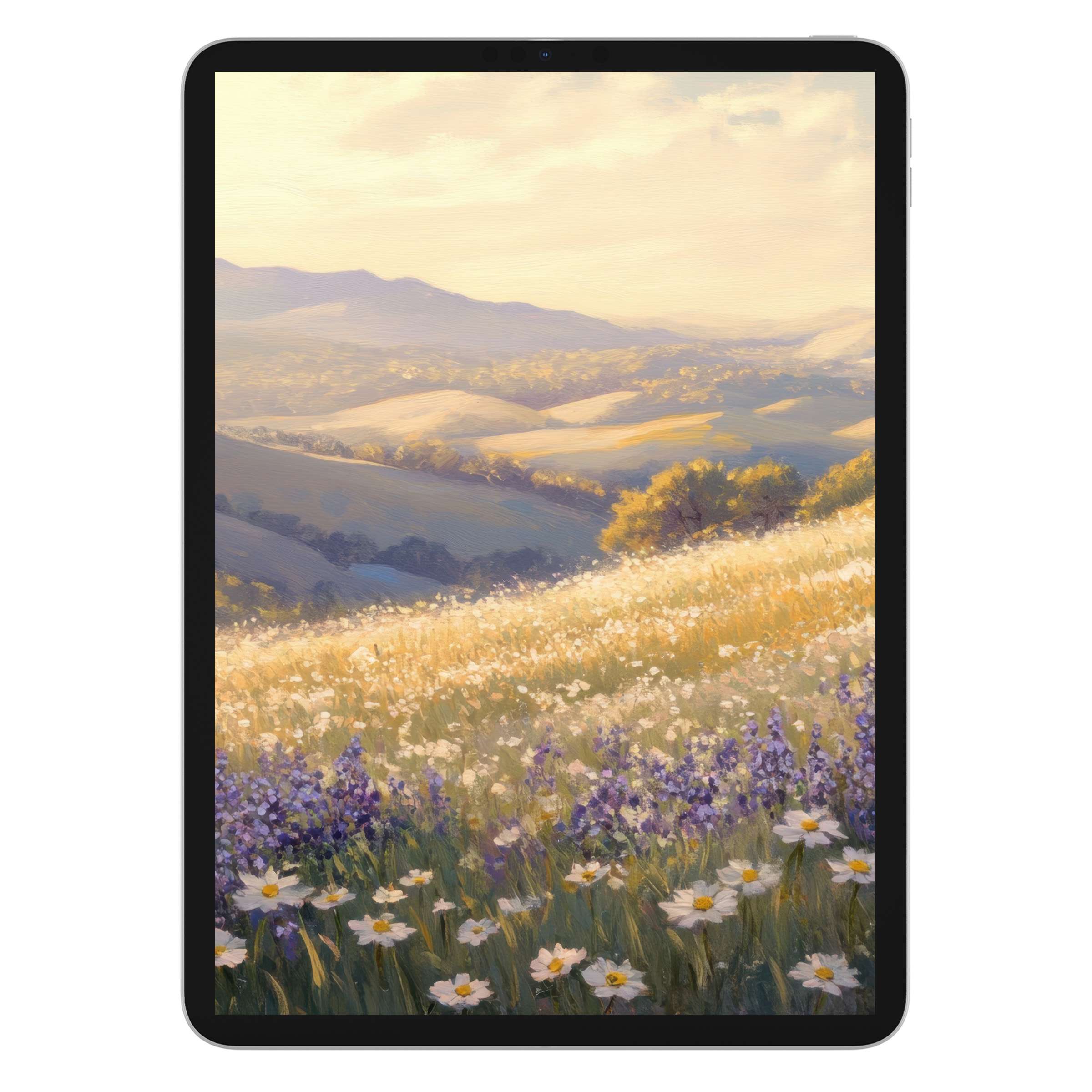 Elegant landscape iPad wallpaper with serene fields in soft pastels, perfect digital download for tablet backgrounds and Android devices