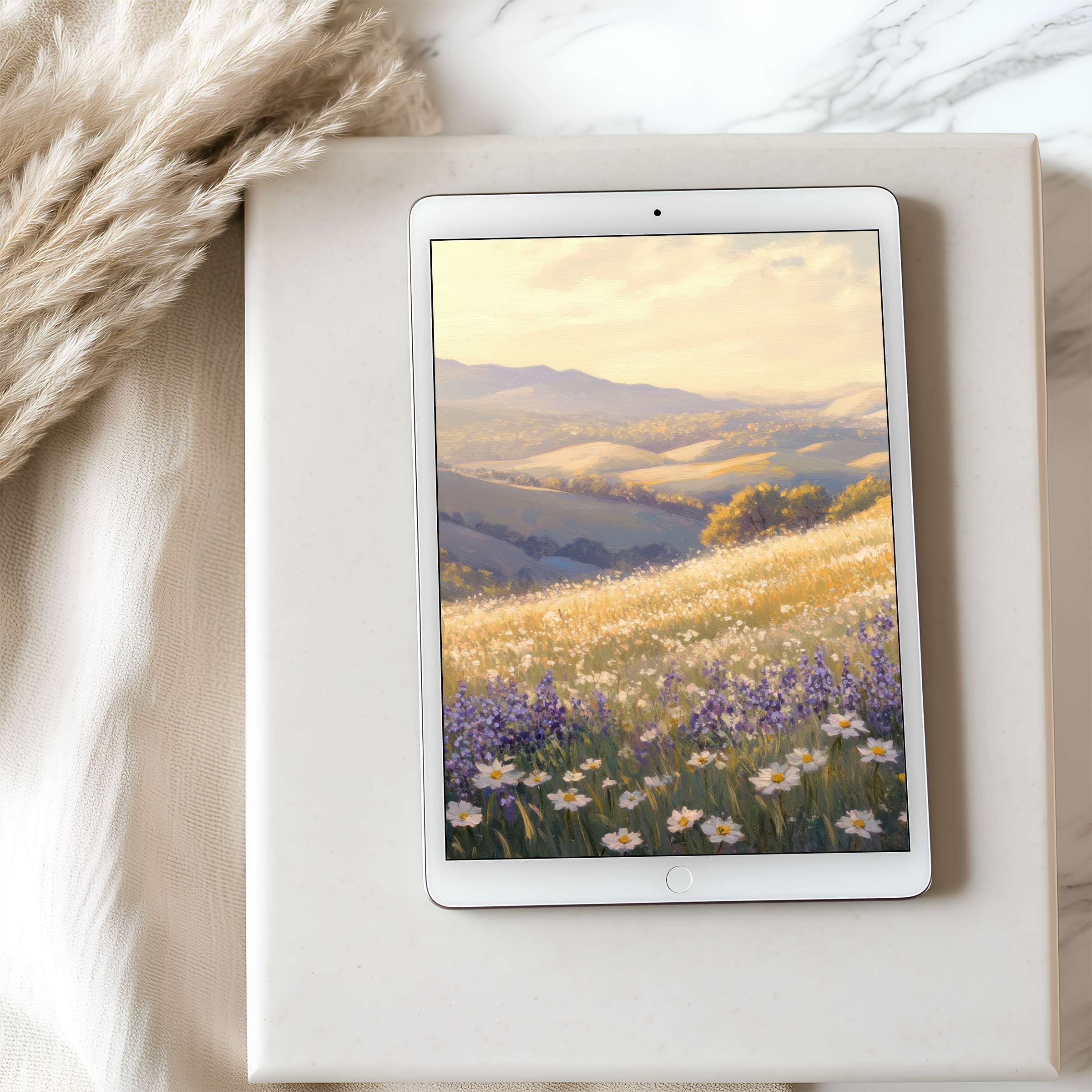 A serene tablet wallpaper featuring a high-resolution sunset meadow scene with soft hues inspires calm and elegance for digital download suitable for iPads
