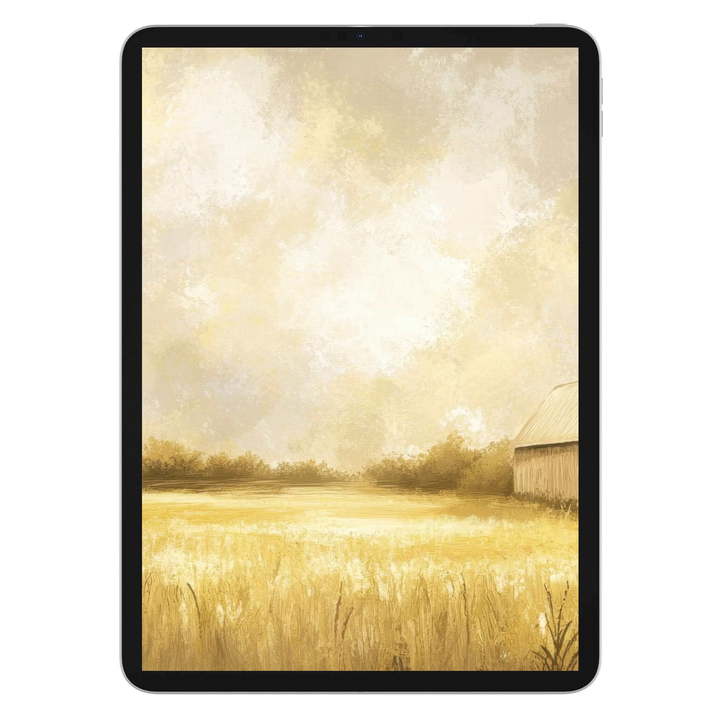 Golden landscape iPad wallpaper offers a serene, earthy background for tablets with digital download, embracing sustainable aesthetics