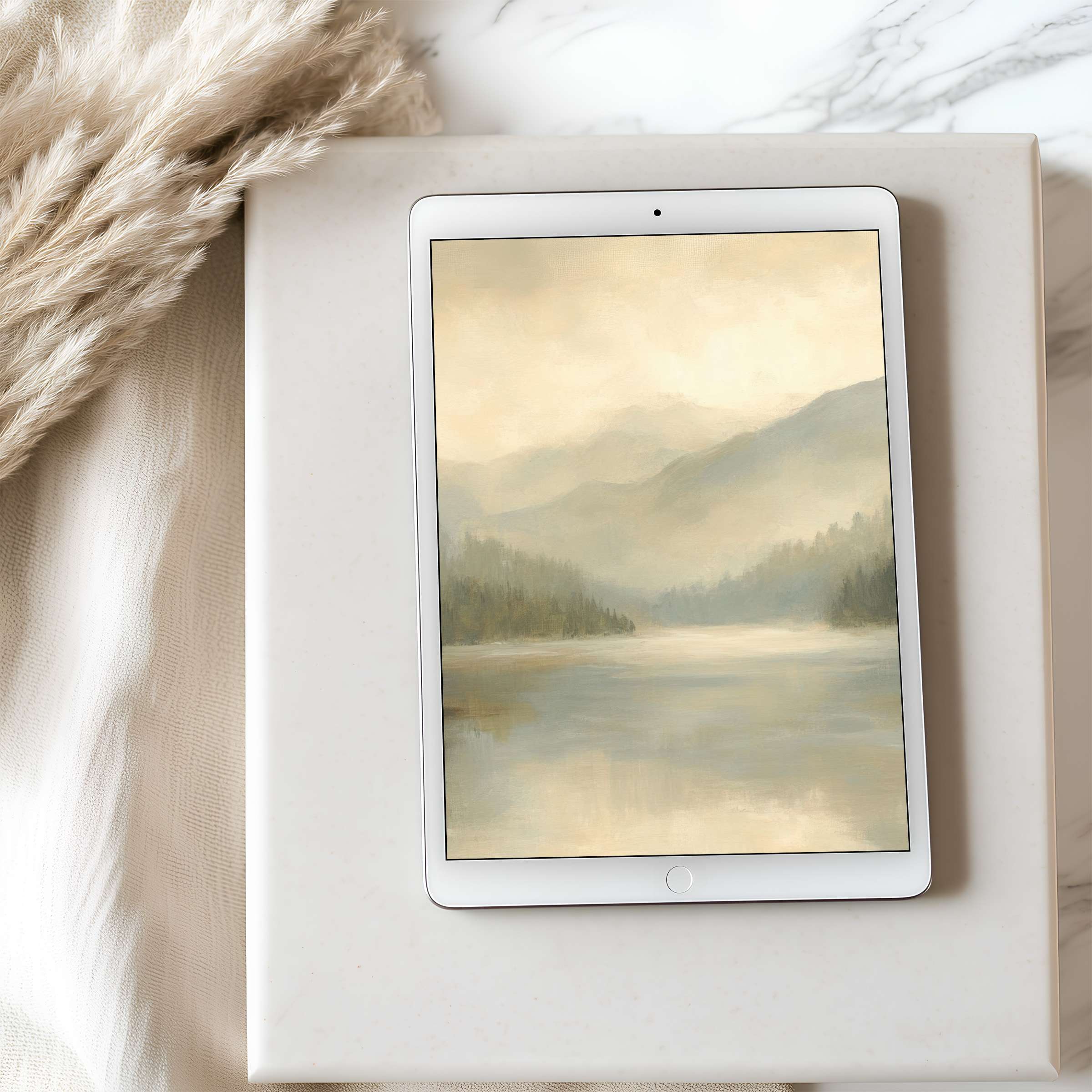 Elegant misty landscape on tablet wallpaper evokes tranquility, perfect for iPad or Android, offering high resolution digital download