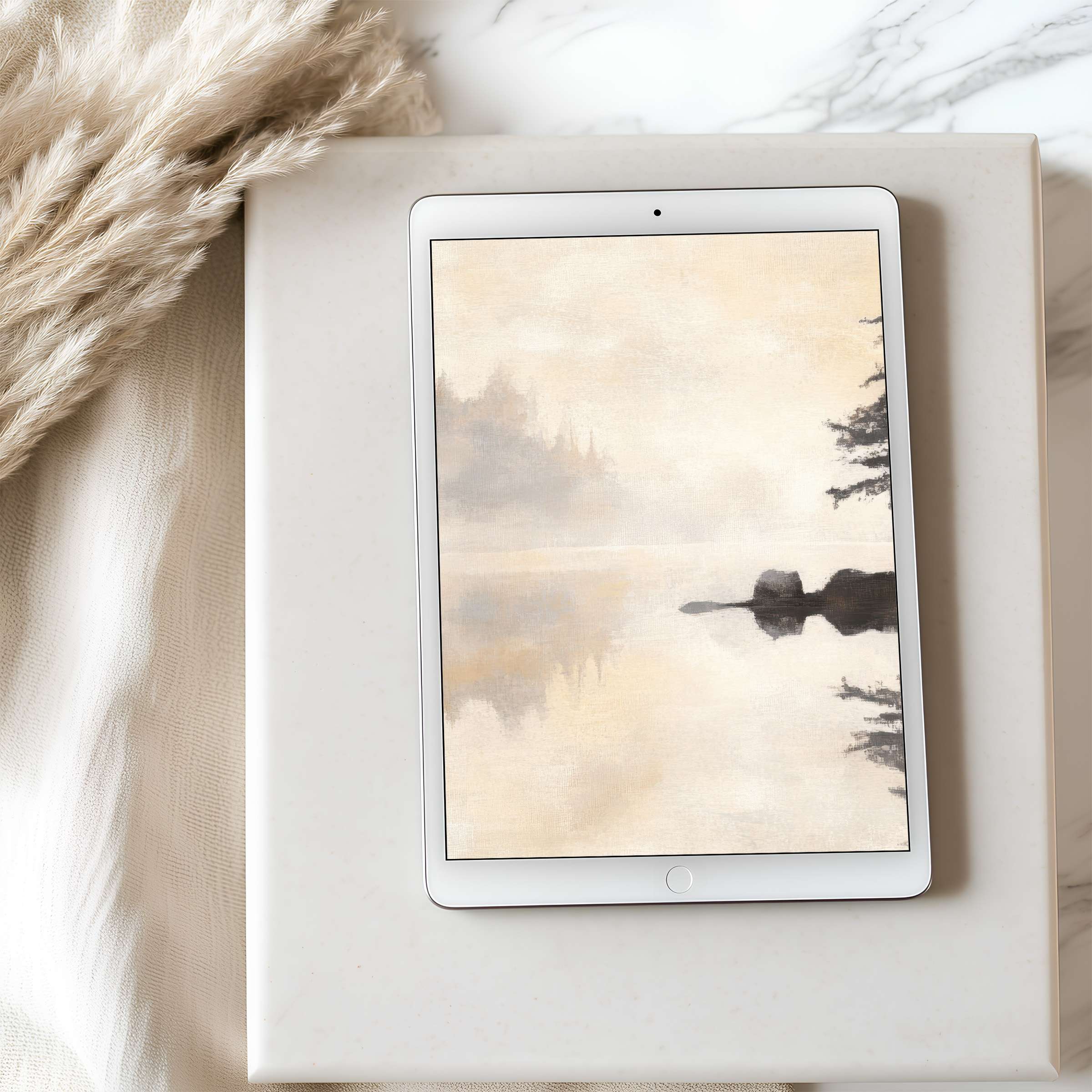 Serene landscape tablet wallpaper in warm neutral tones, perfect high resolution digital art for iPad or Android, sustainable style download