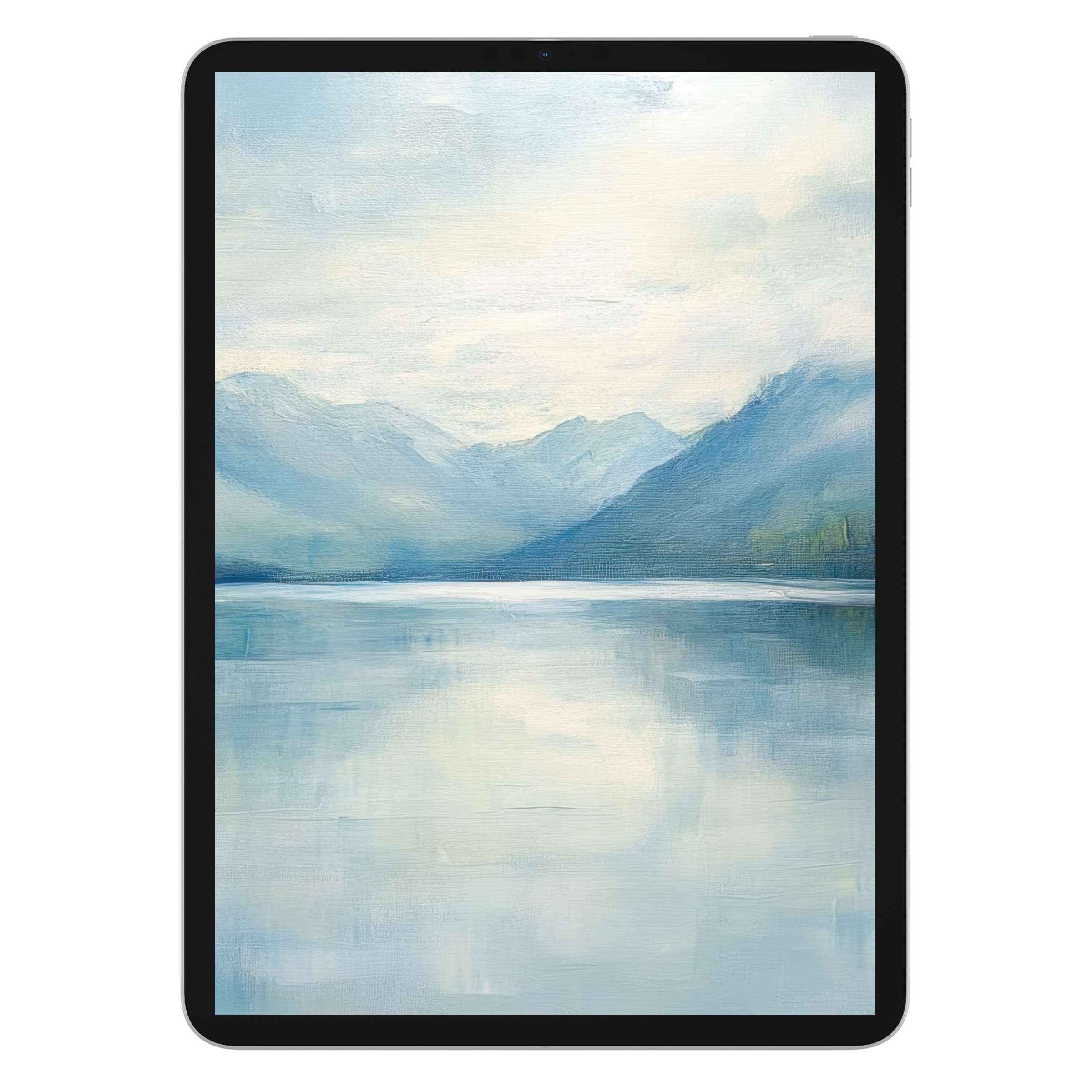 Serene landscape iPad wallpaper as a digital download offers a calming blue lake and mountain background for tablets and Android devices