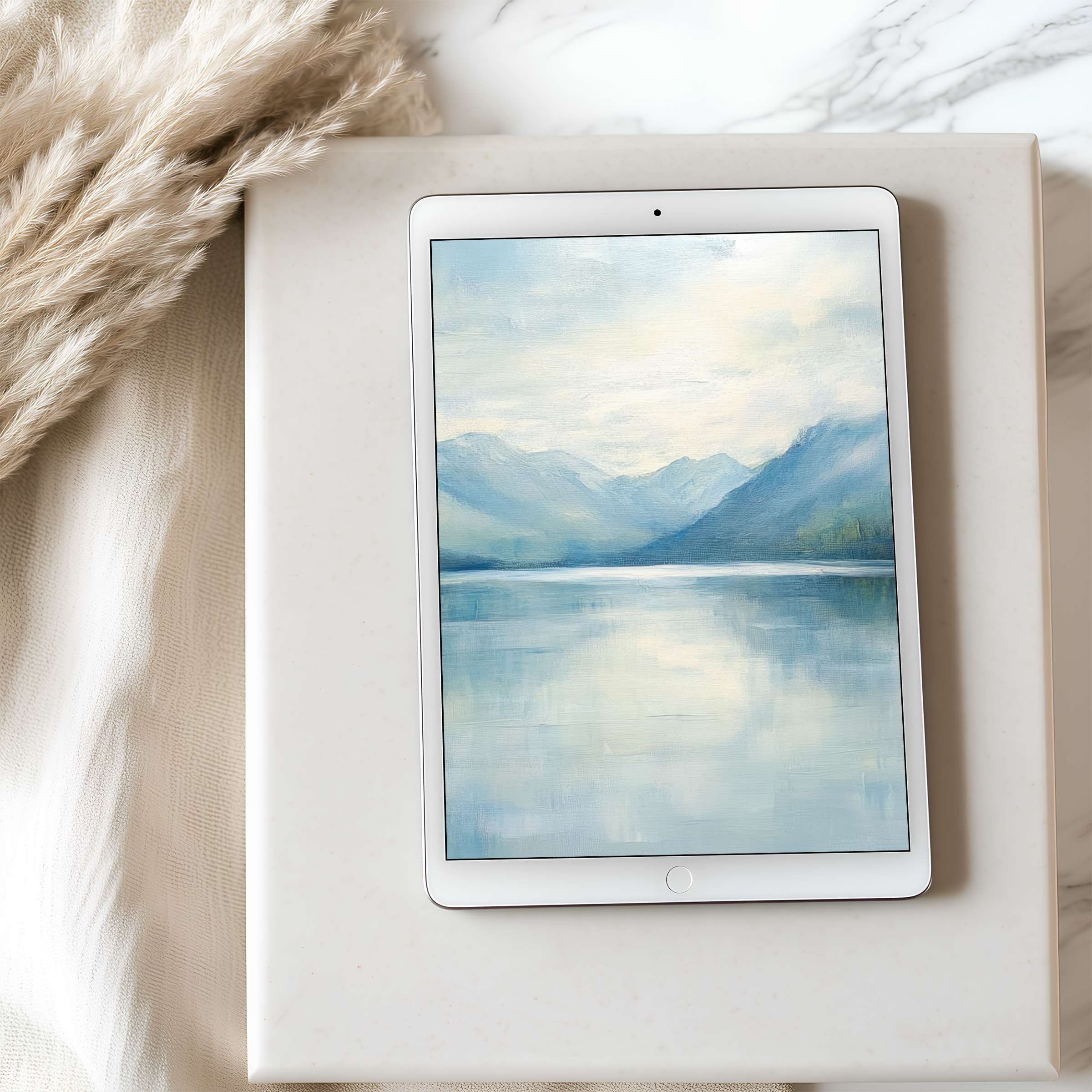 Elegant tablet wallpaper showcasing serene blue mountains and calm waters, perfect for iPad or Android tablets as a digital download