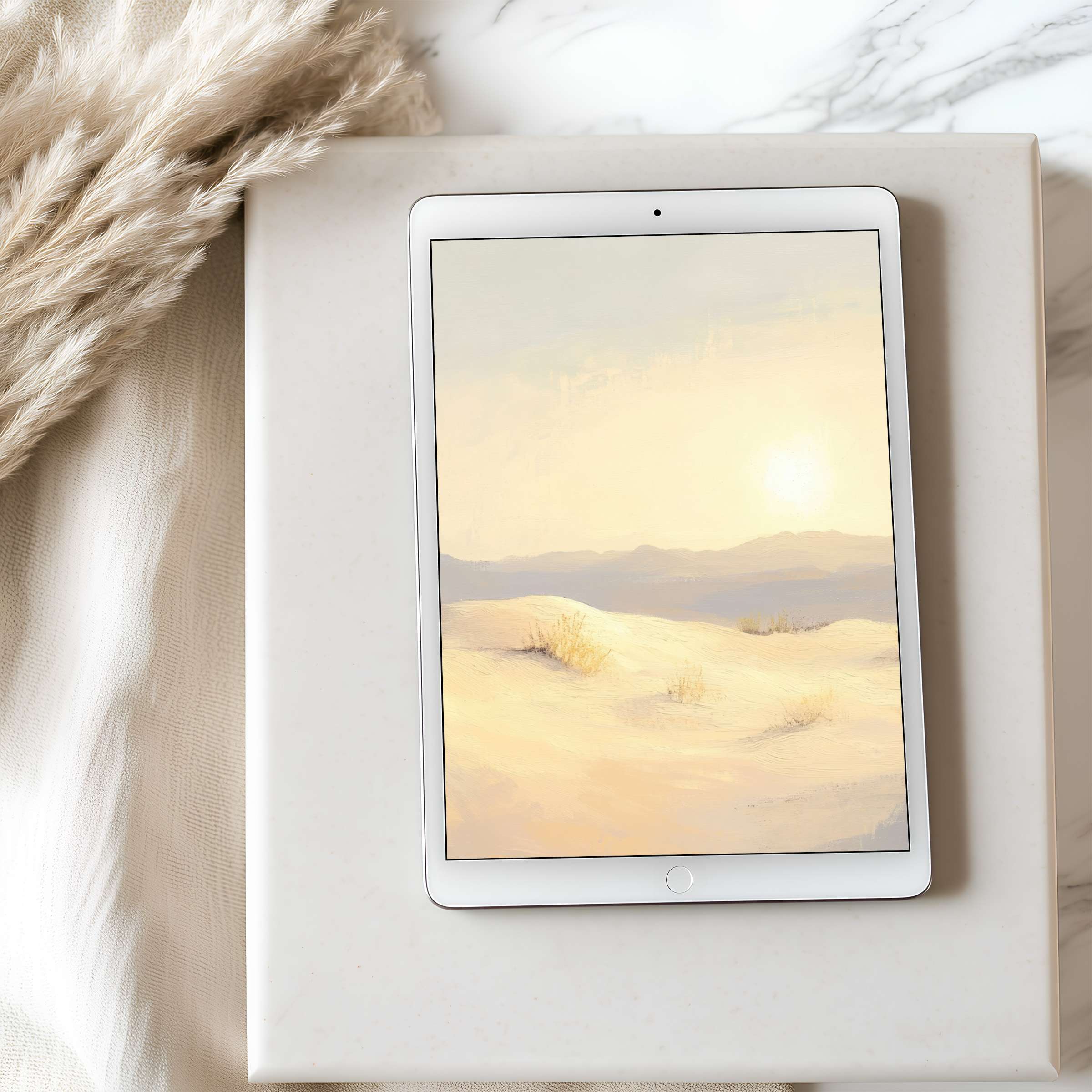 Elegant tablet wallpaper featuring serene desert dunes in soft pastels creates calm and sustainability for iPad or Android download