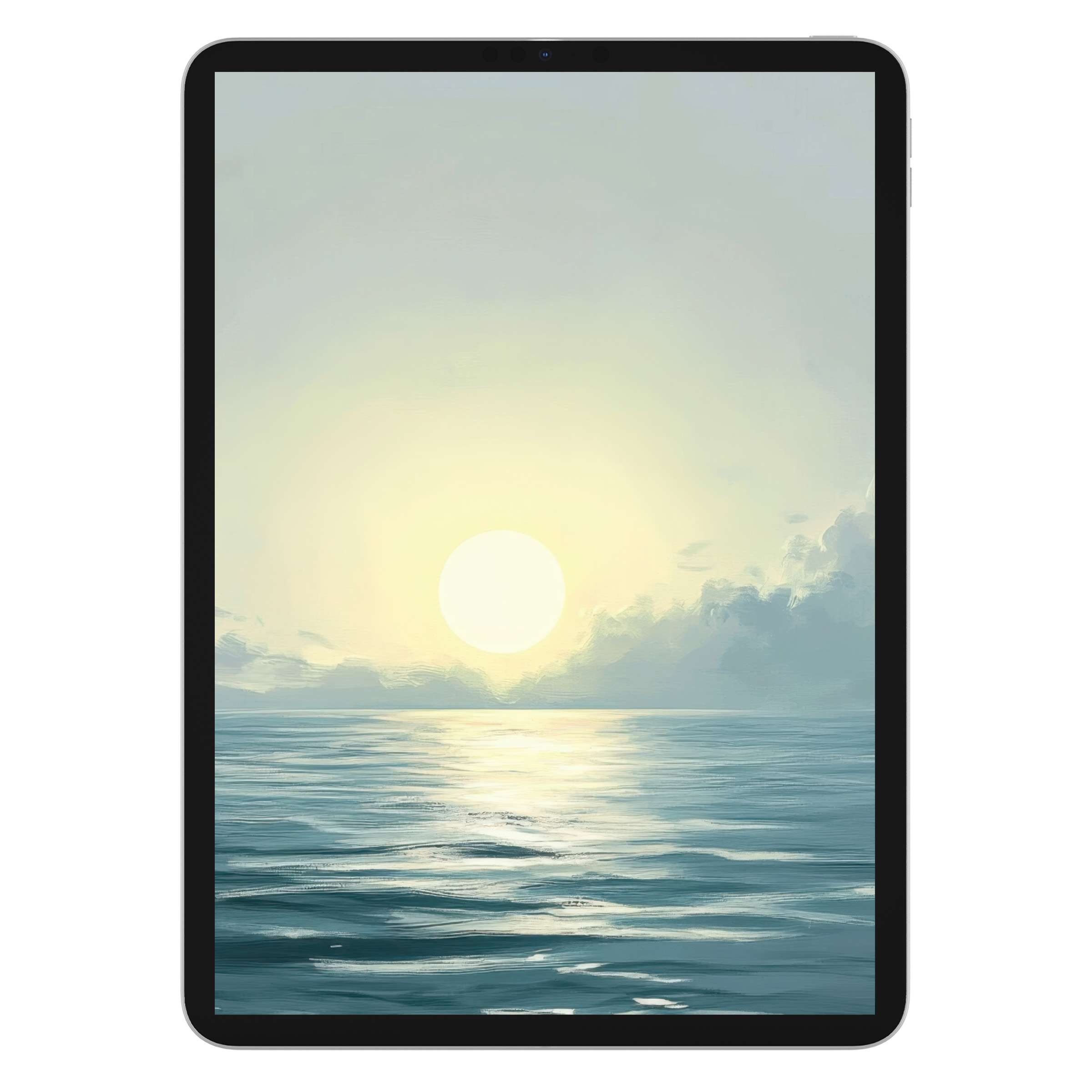 Serene landscape iPad wallpaper featuring a tranquil ocean sunset, ideal digital download for elegant tablet background aesthetics