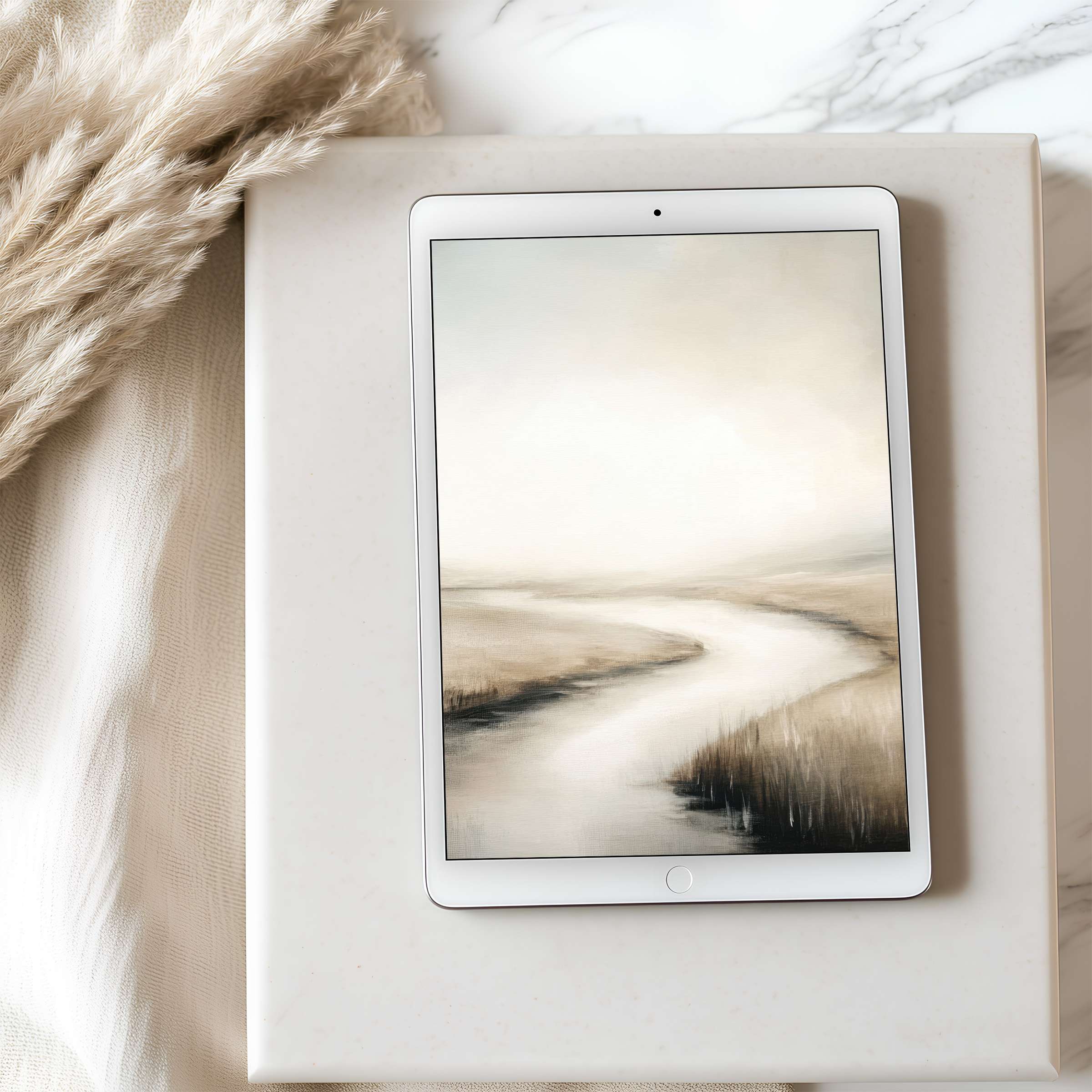 Elegant tablet wallpaper featuring a serene, misty landscape in soft earth tones for iPad and Android tablets, digital download