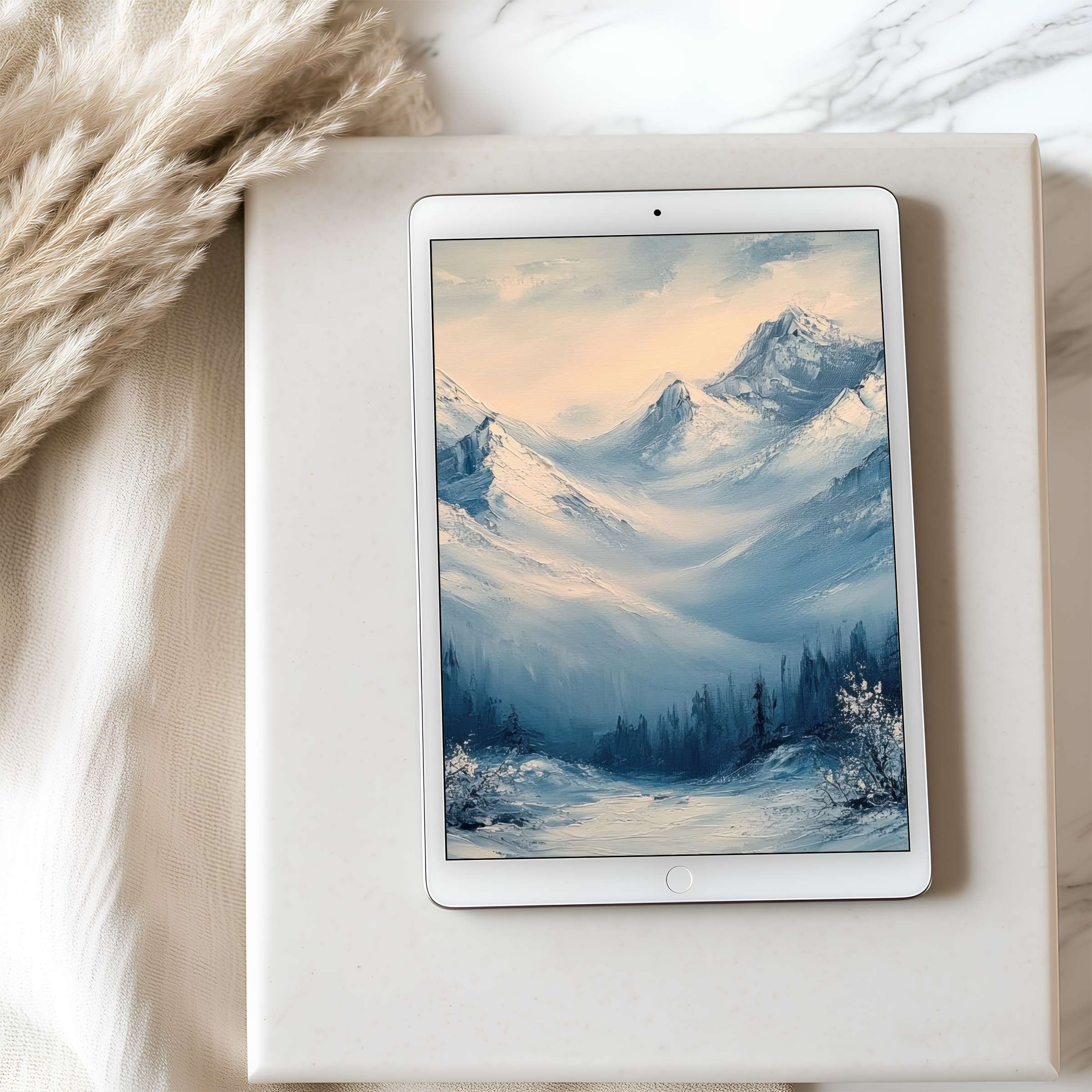 Elegant tablet wallpaper featuring serene blue and white mountain landscape art on iPad for digital download in high resolution