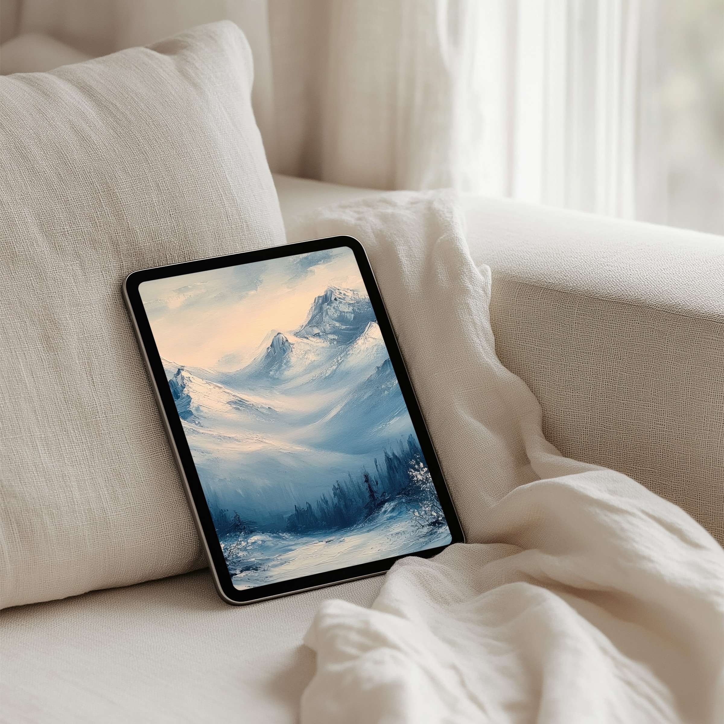 Elegant snowy mountain painting iPad background for instant download brings calm inspiration to any tablet space and style