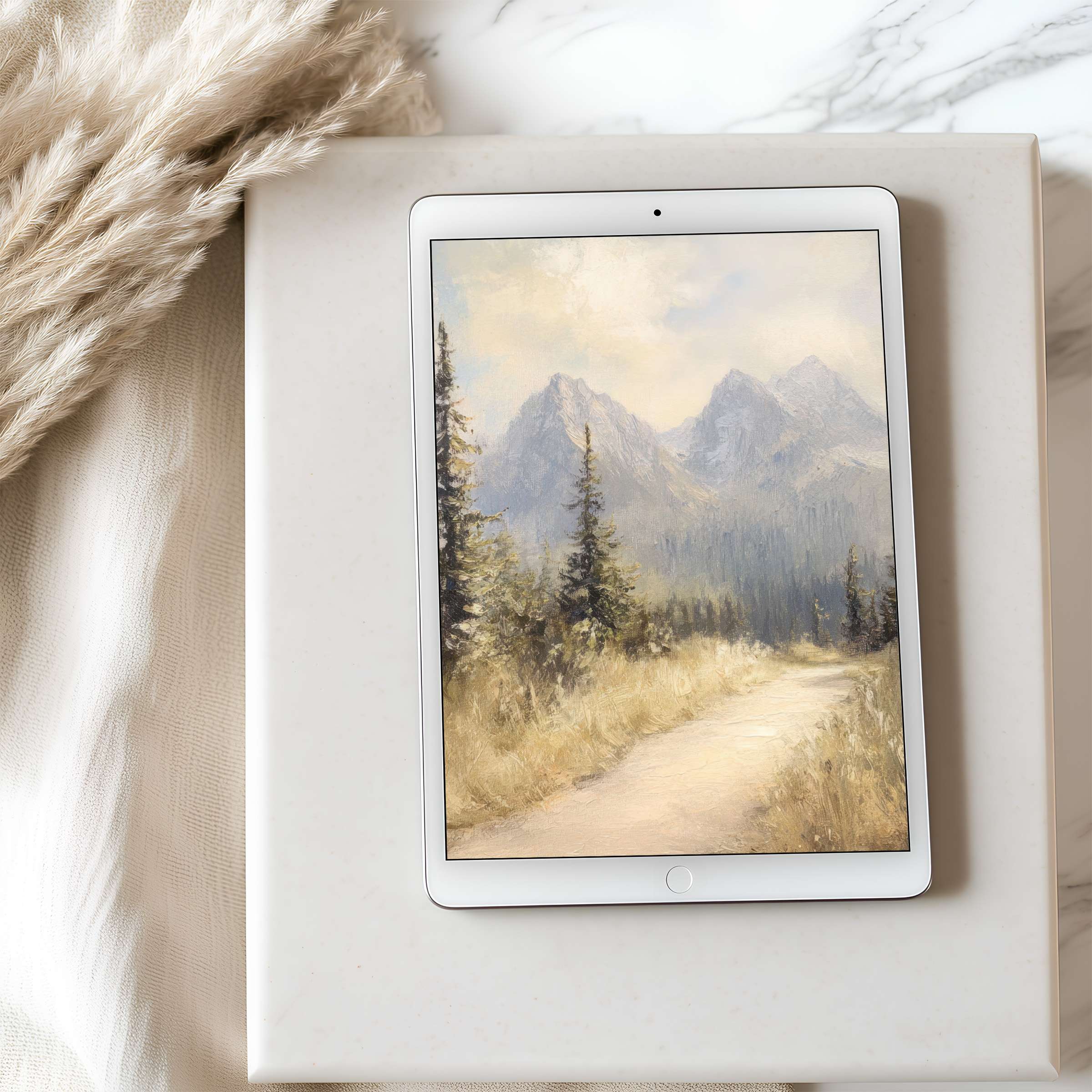 Elegant mountain landscape tablet wallpaper in soft earth tones adds tranquility and sophistication to iPad and Android tablet screens