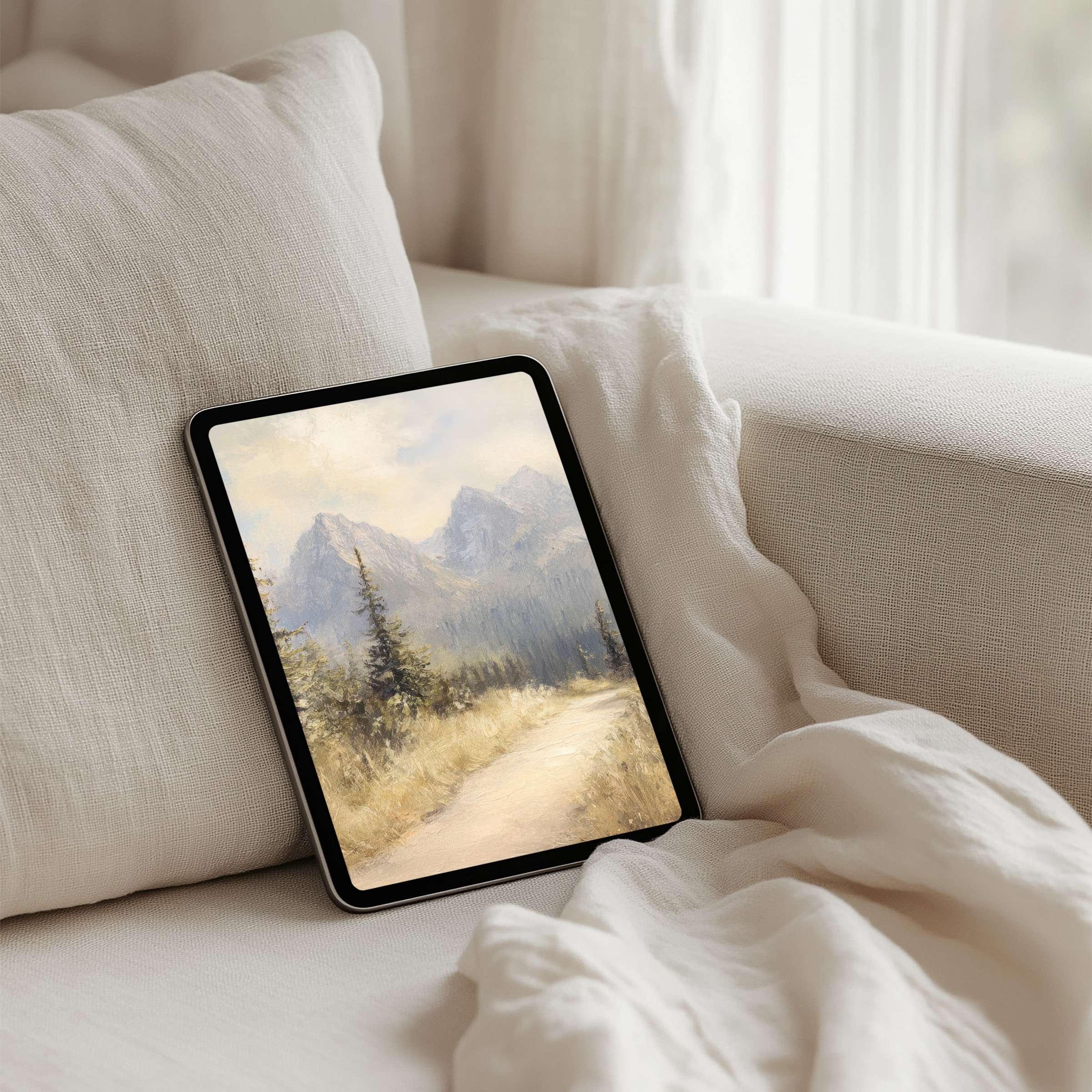 Serene mountain landscape iPad background for immediate download on tablet enveloped in soft fabrics inspires calm and elegance