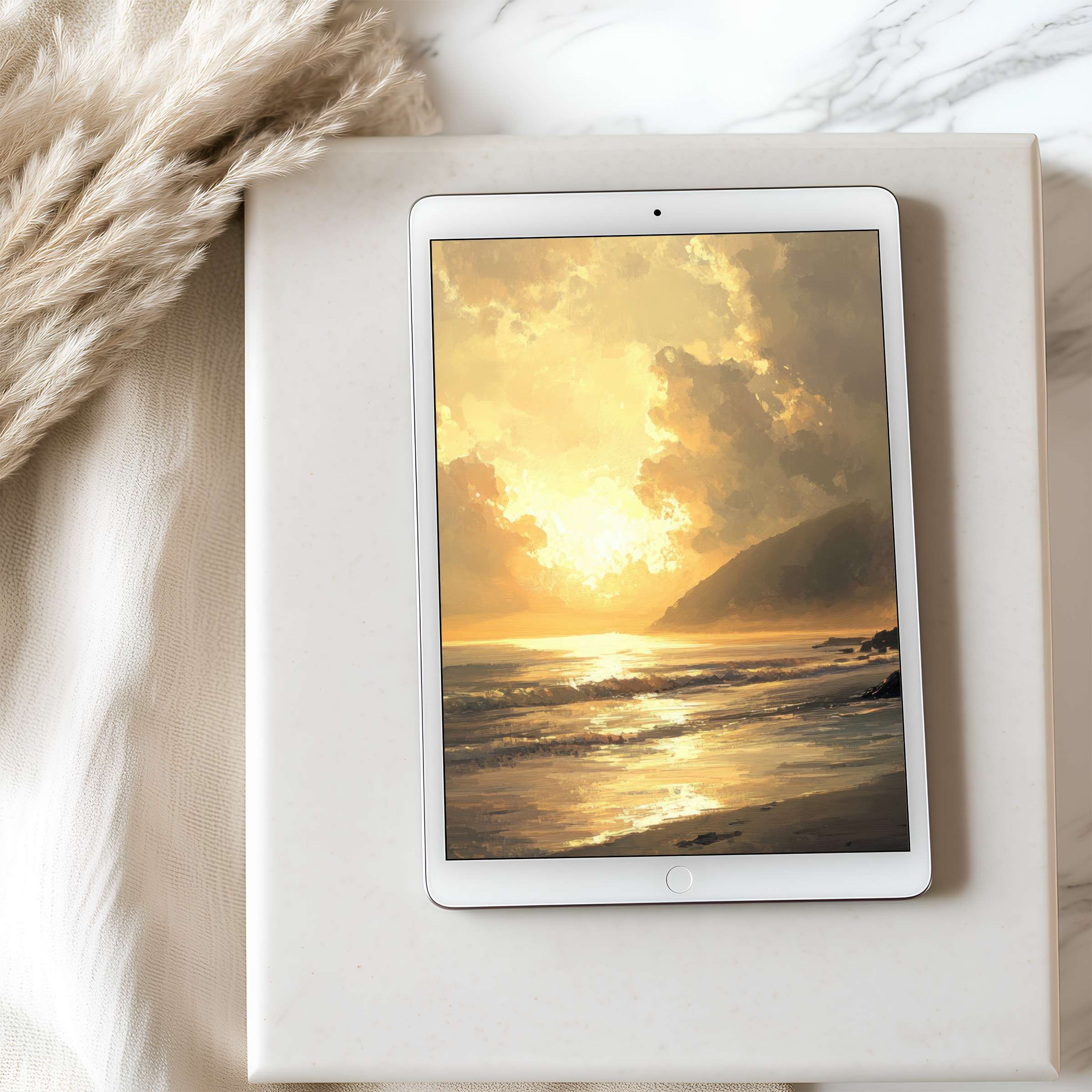 Elegant sunset painting as high-resolution tablet wallpaper, offering serene inspiration for iPad users and Android digital downloads