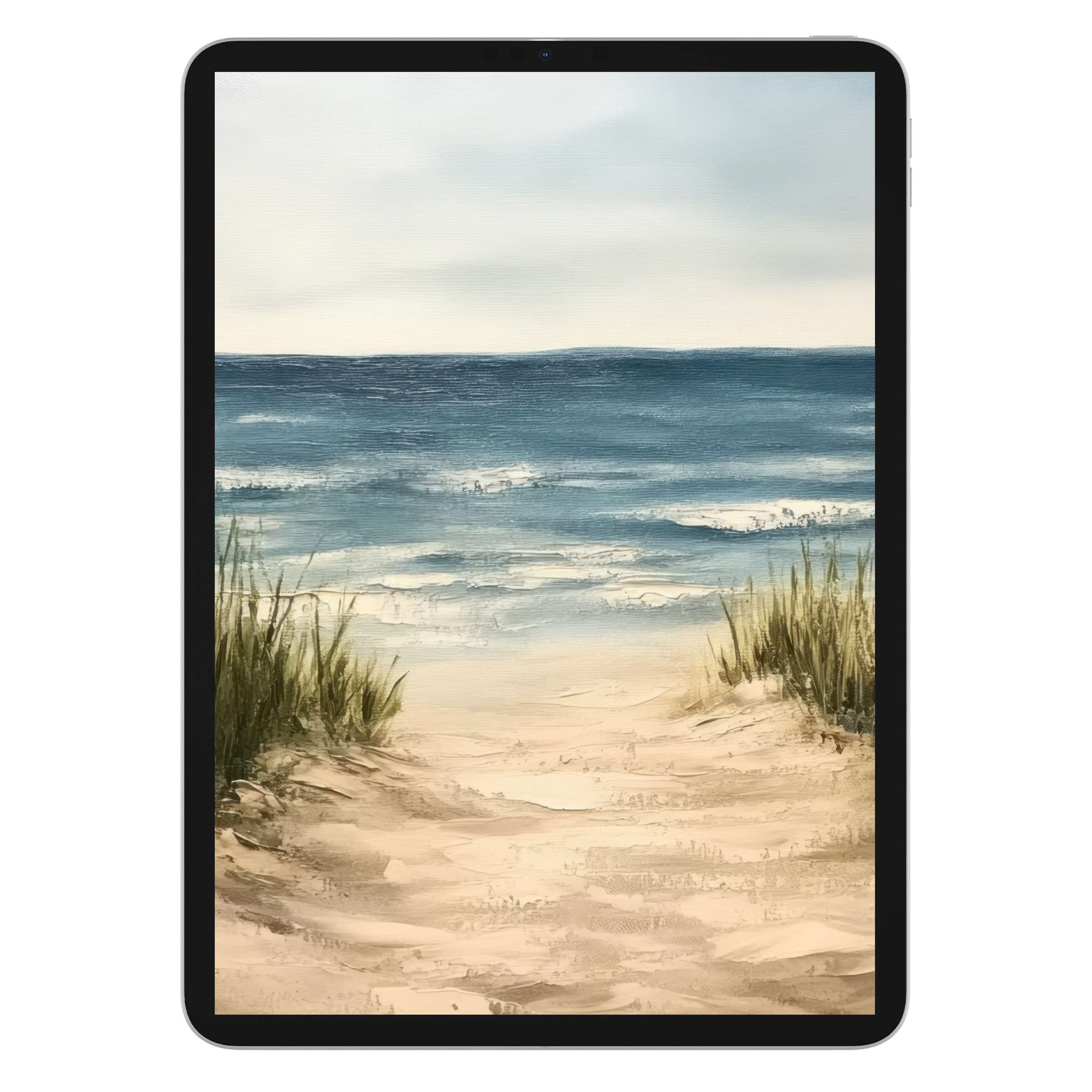 Elegant landscape iPad wallpaper featuring serene ocean waves and sandy dunes, ideal digital download for calming tablet background