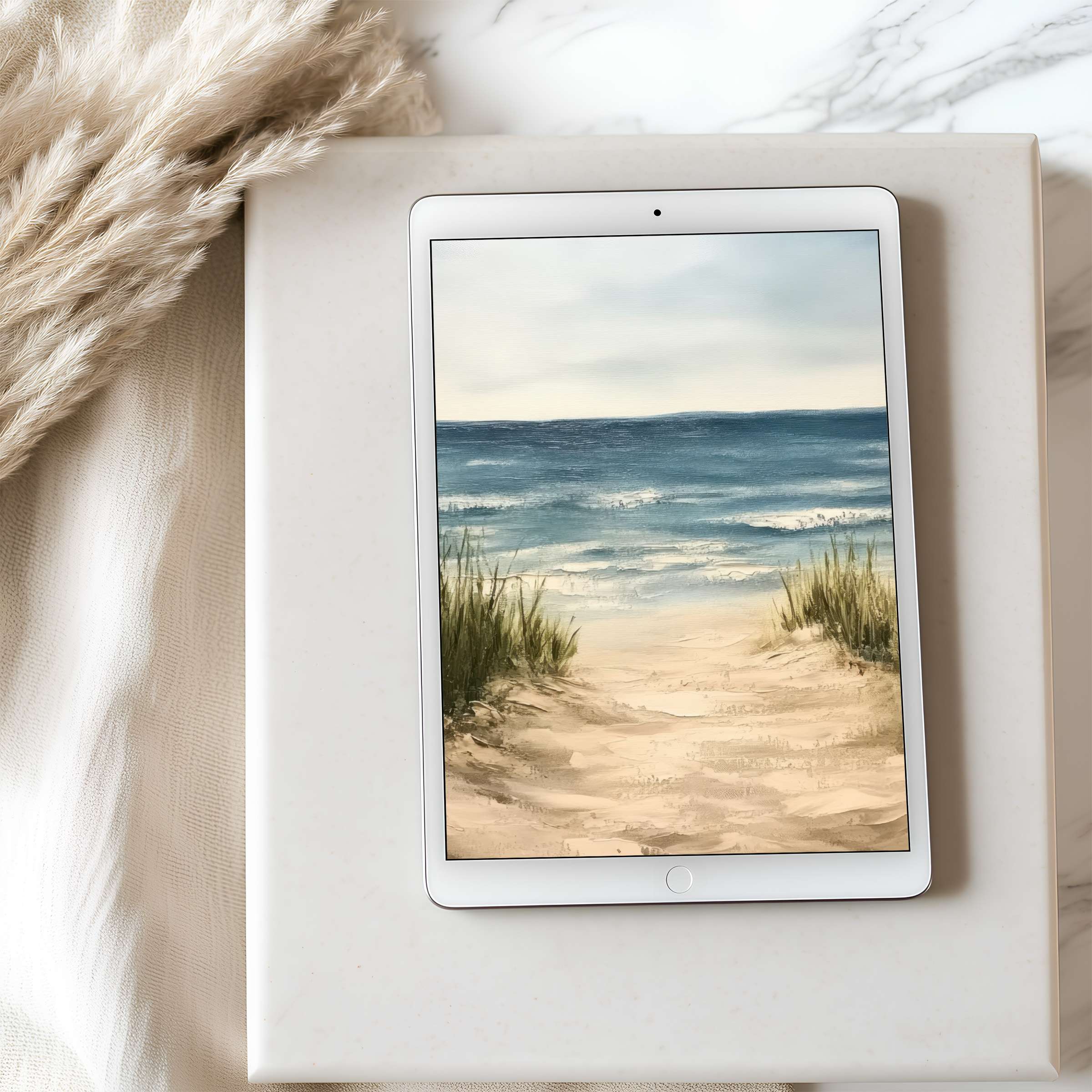 Serene beach scene tablet wallpaper in high resolution enhances iPad elegance, offering a calming digital download for mindful aesthetics