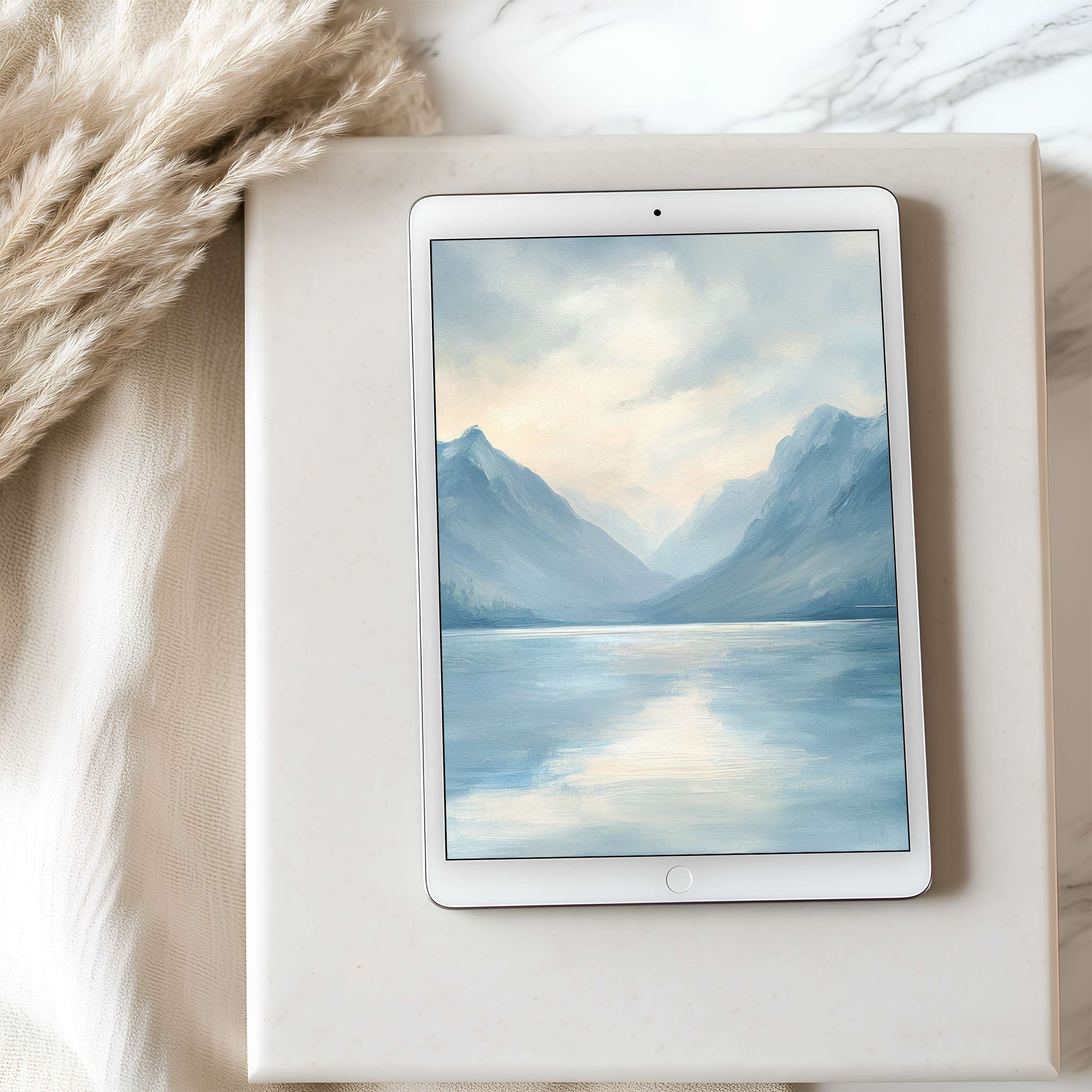 Elegant tablet wallpaper featuring serene blue mountains and tranquil water, ideal for iPad or Android tablets, enhancing calmness