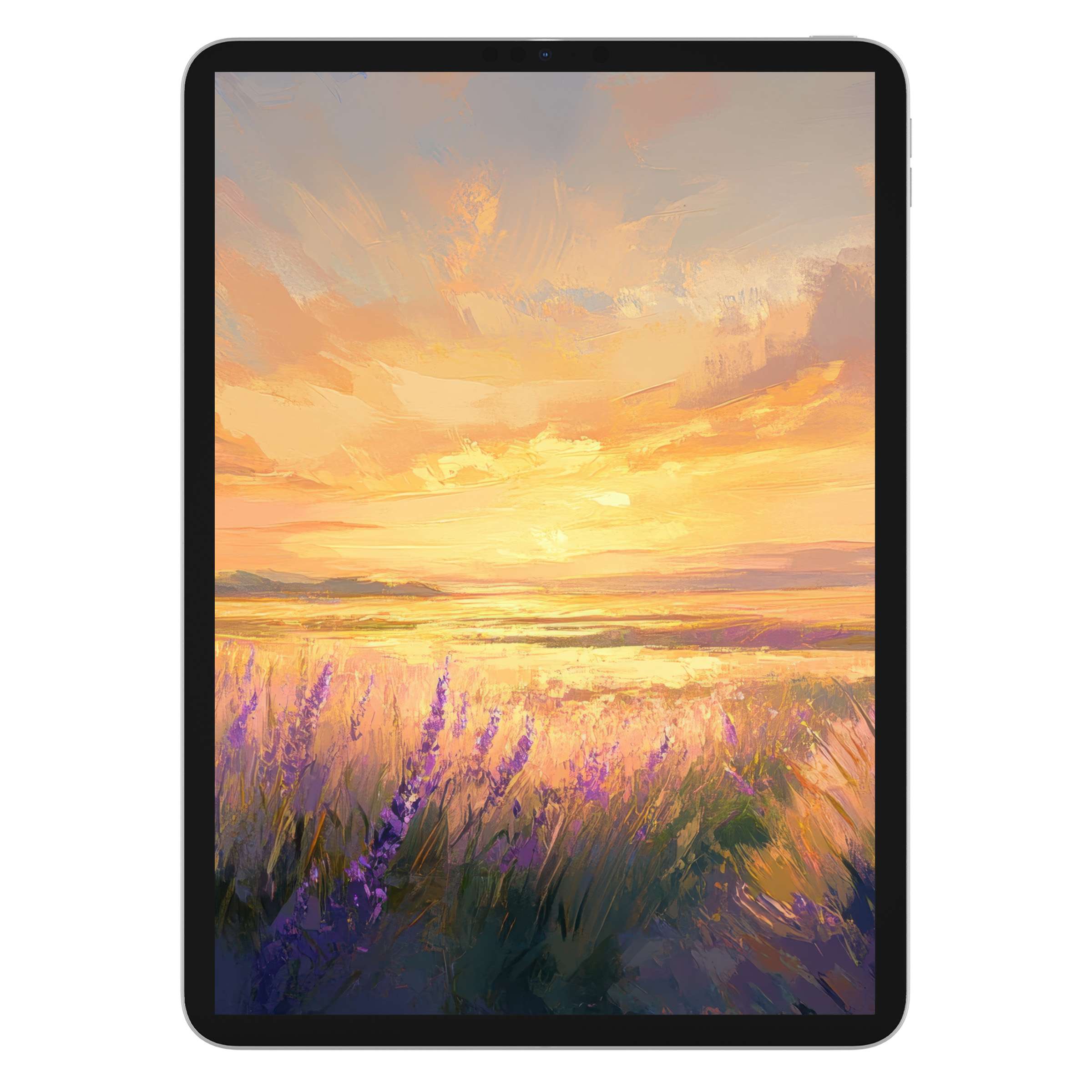 Vibrant landscape iPad wallpaper features a serene sunset over lavender fields, ideal for a calming digital download tablet background