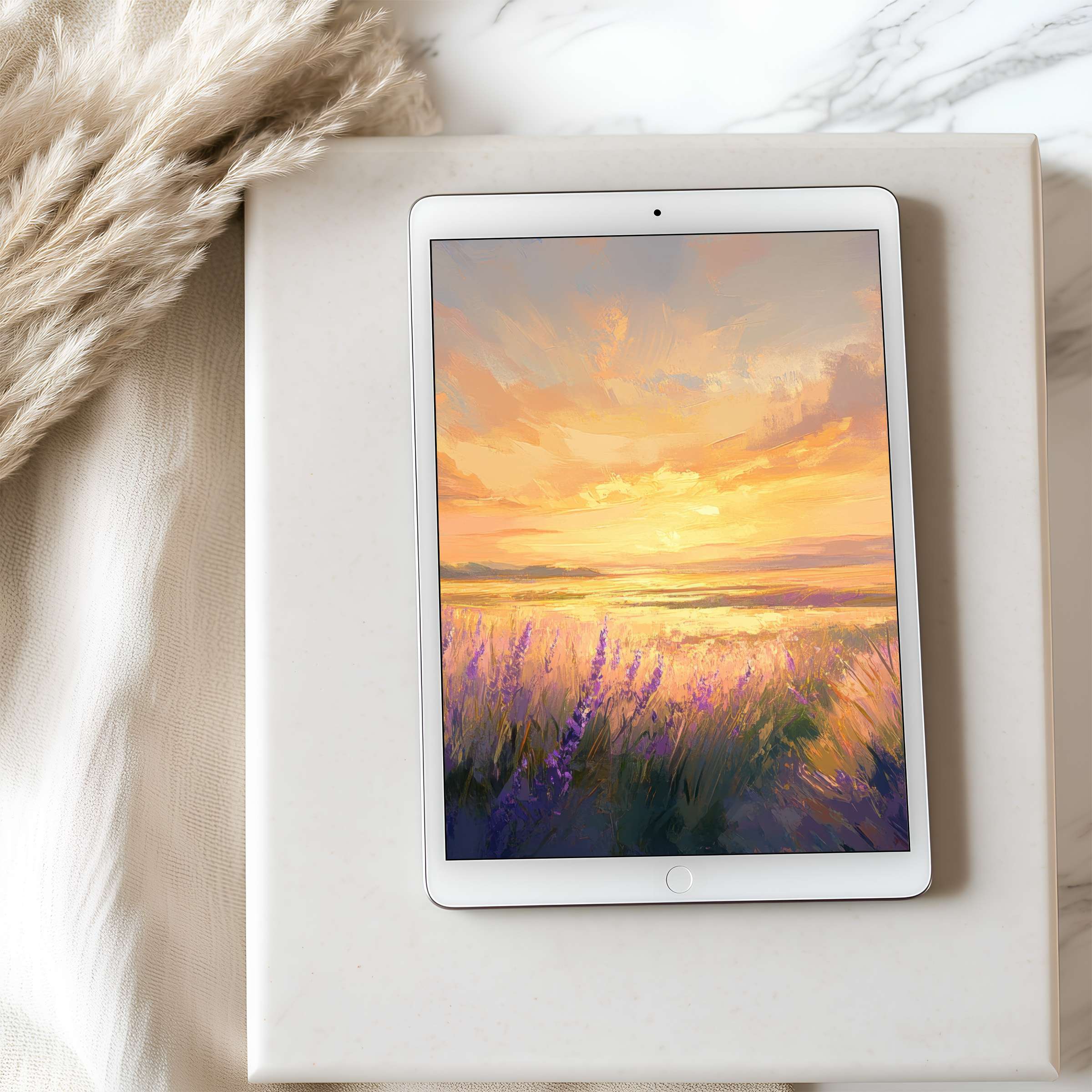 Elegant sunset artwork as a tablet wallpaper for iPad with calming lavender hues, ideal for digital download in high resolution