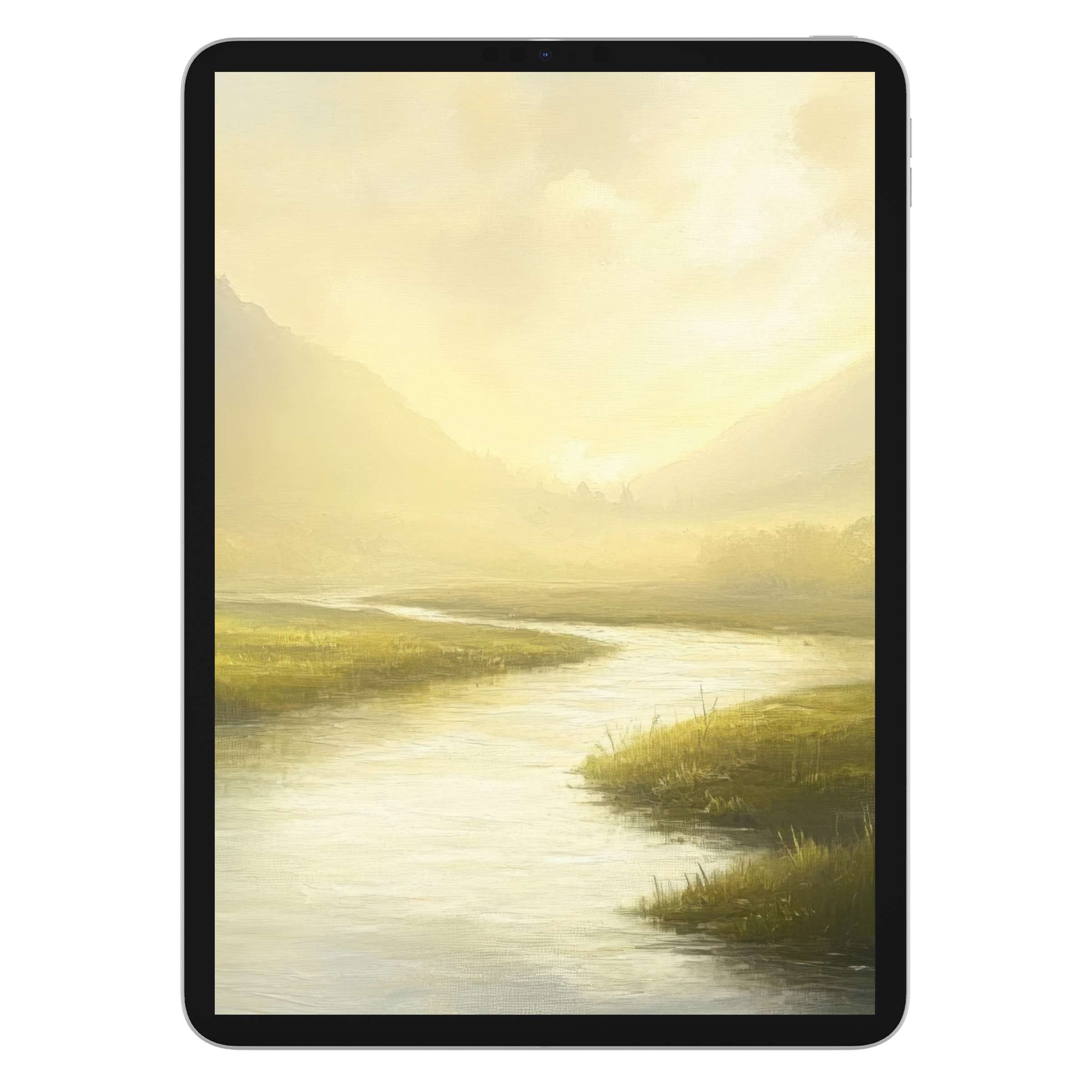 Calming landscape iPad wallpaper with golden hues and serene river, ideal digital download for tablet background and tranquil style