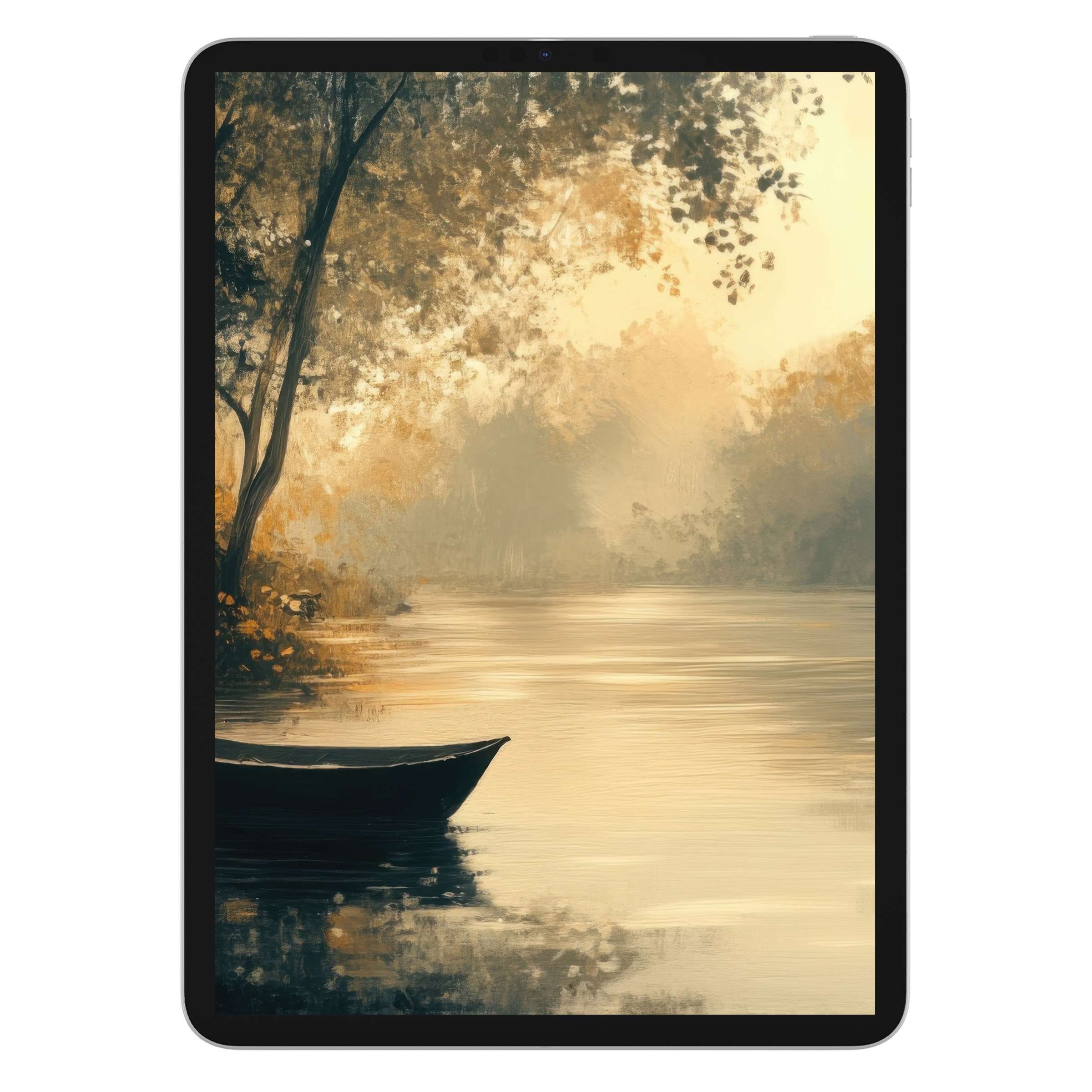 Elegant landscape iPad wallpaper showcasing a serene river scene in warm hues, ideal tablet background for digital download tranquility