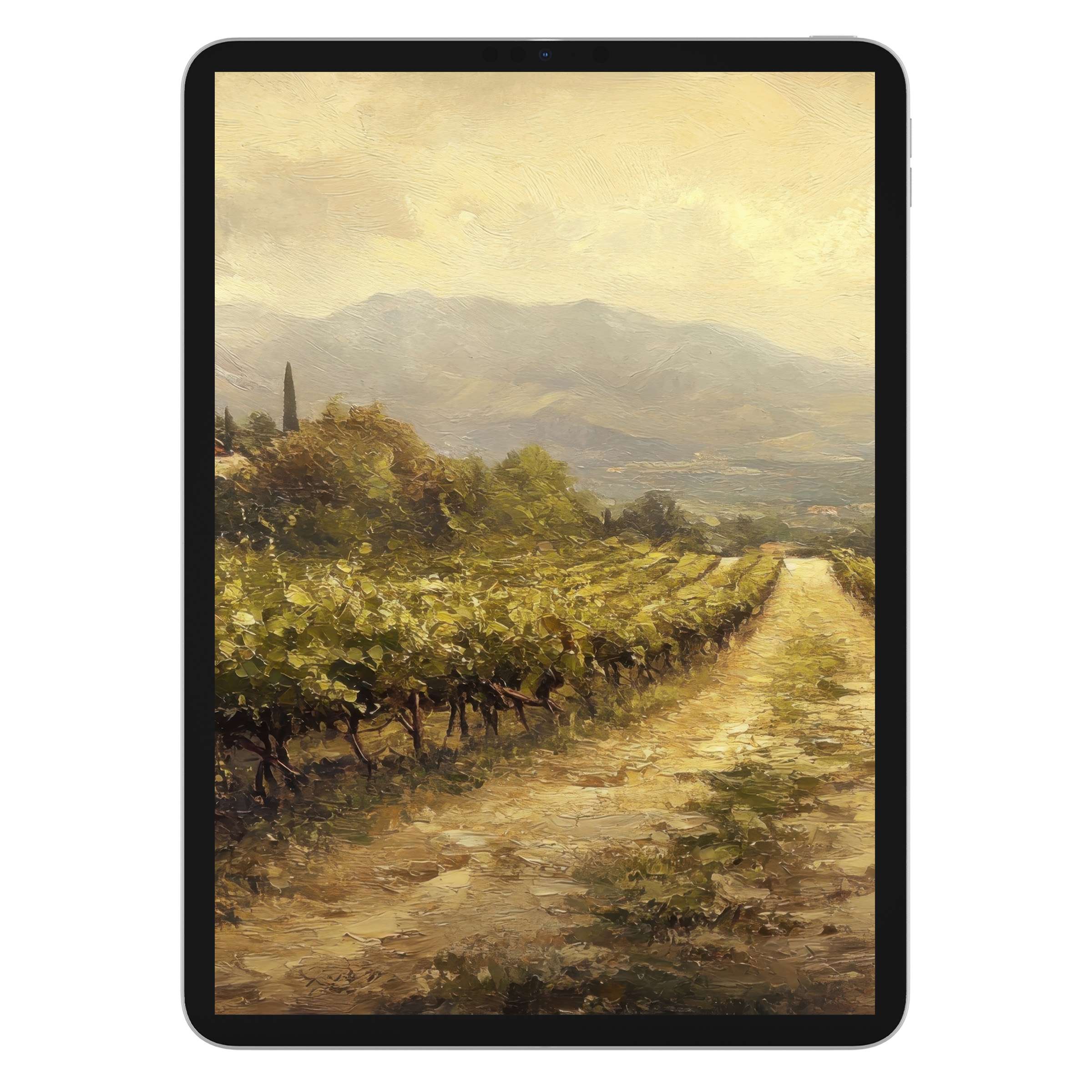 Warm, serene landscape iPad wallpaper with vineyard and mountains, perfect digital download for tablets, enhancing natural backgrounds