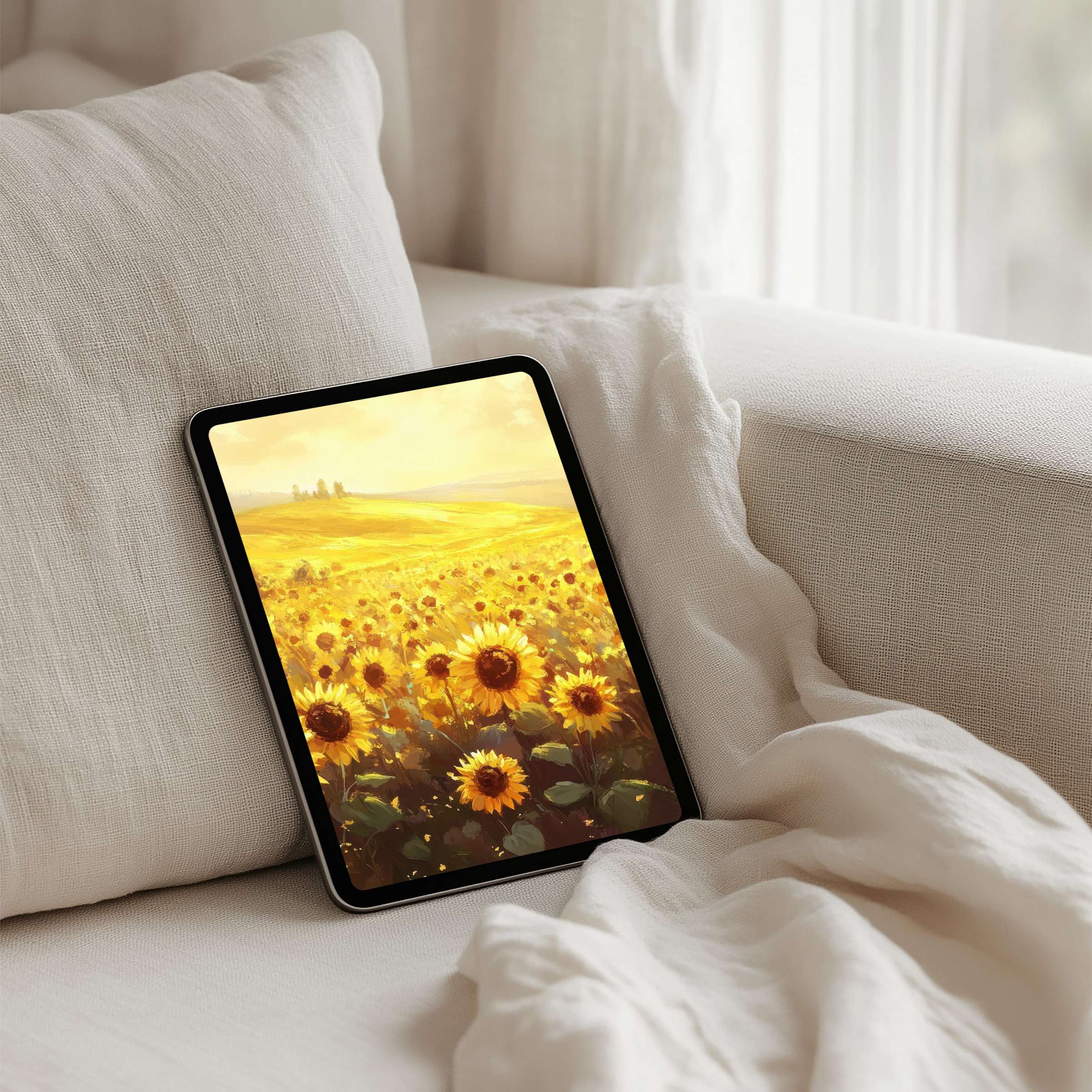 Sunlit sunflower field iPad background offers calm elegance for tablets with instant download inspiring mindfulness in any space