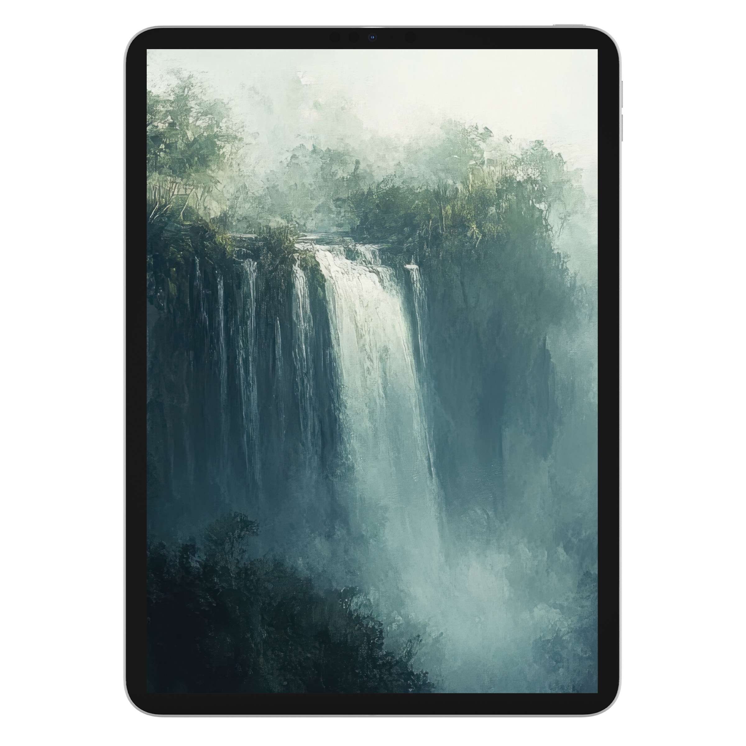 Serene digital download of a misty waterfall landscape iPad wallpaper, perfect tablet background with calming, artistic flair