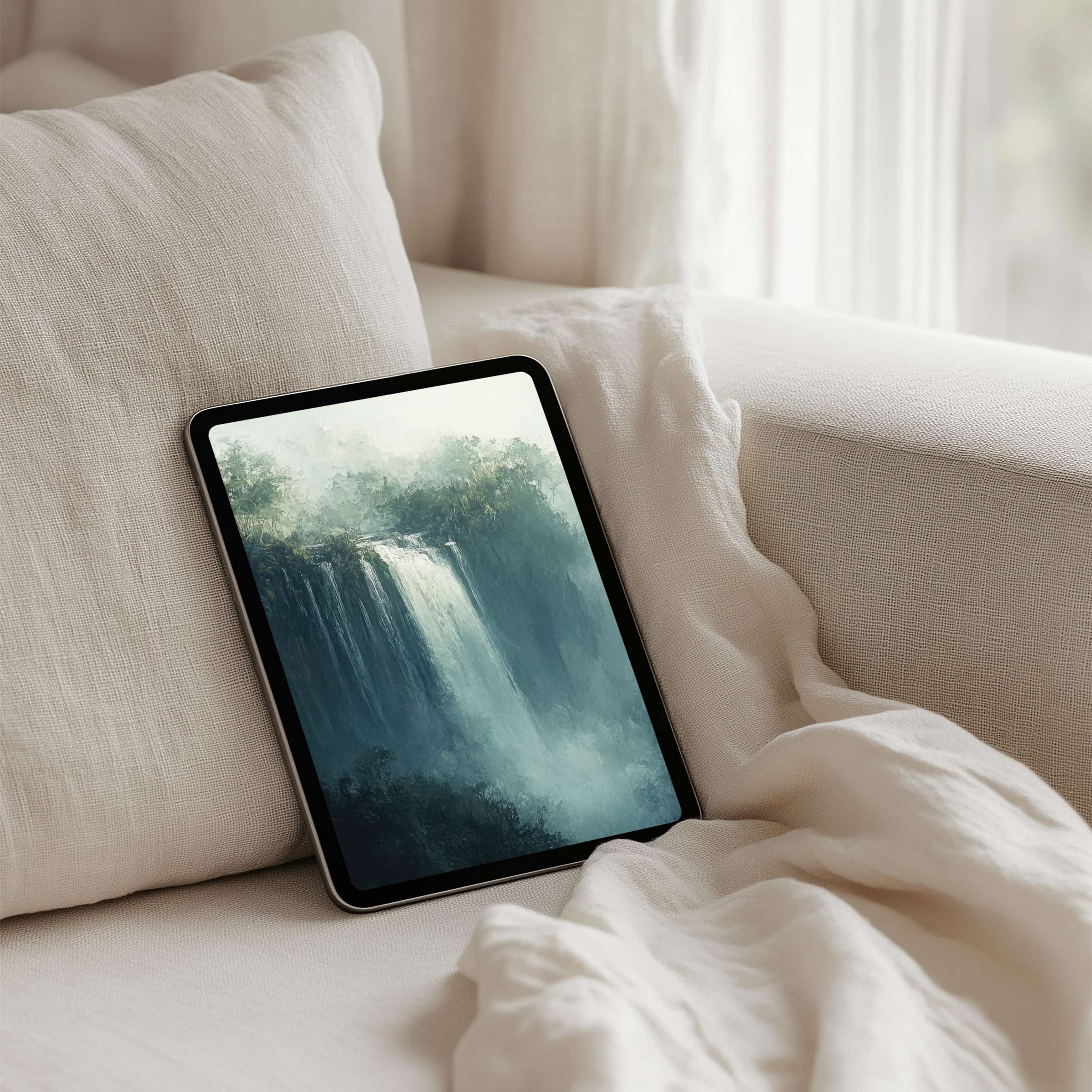 Soothing waterfall digital art creates a tranquil iPad background for instant download on any tablet enhancing calm and elegance
