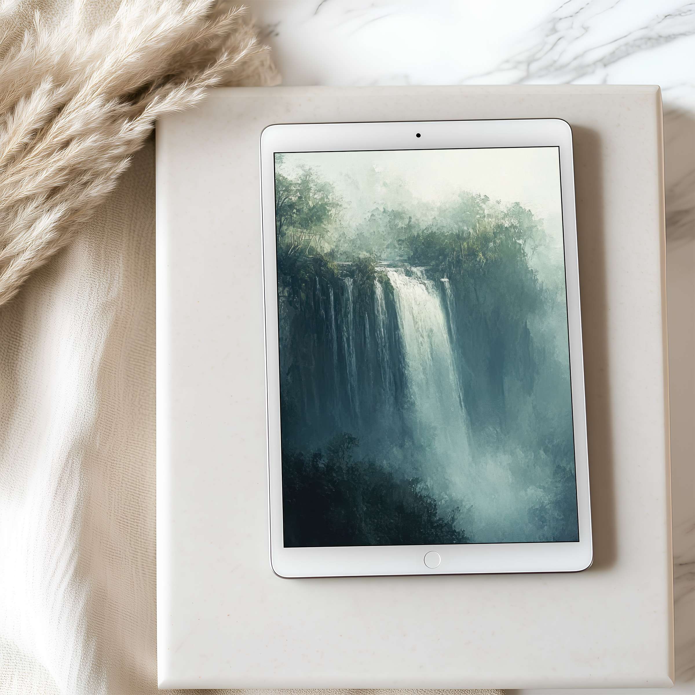 Serene waterfall tablet wallpaper in misty greens, elegantly displayed on sleek iPad, perfect for high-resolution digital download