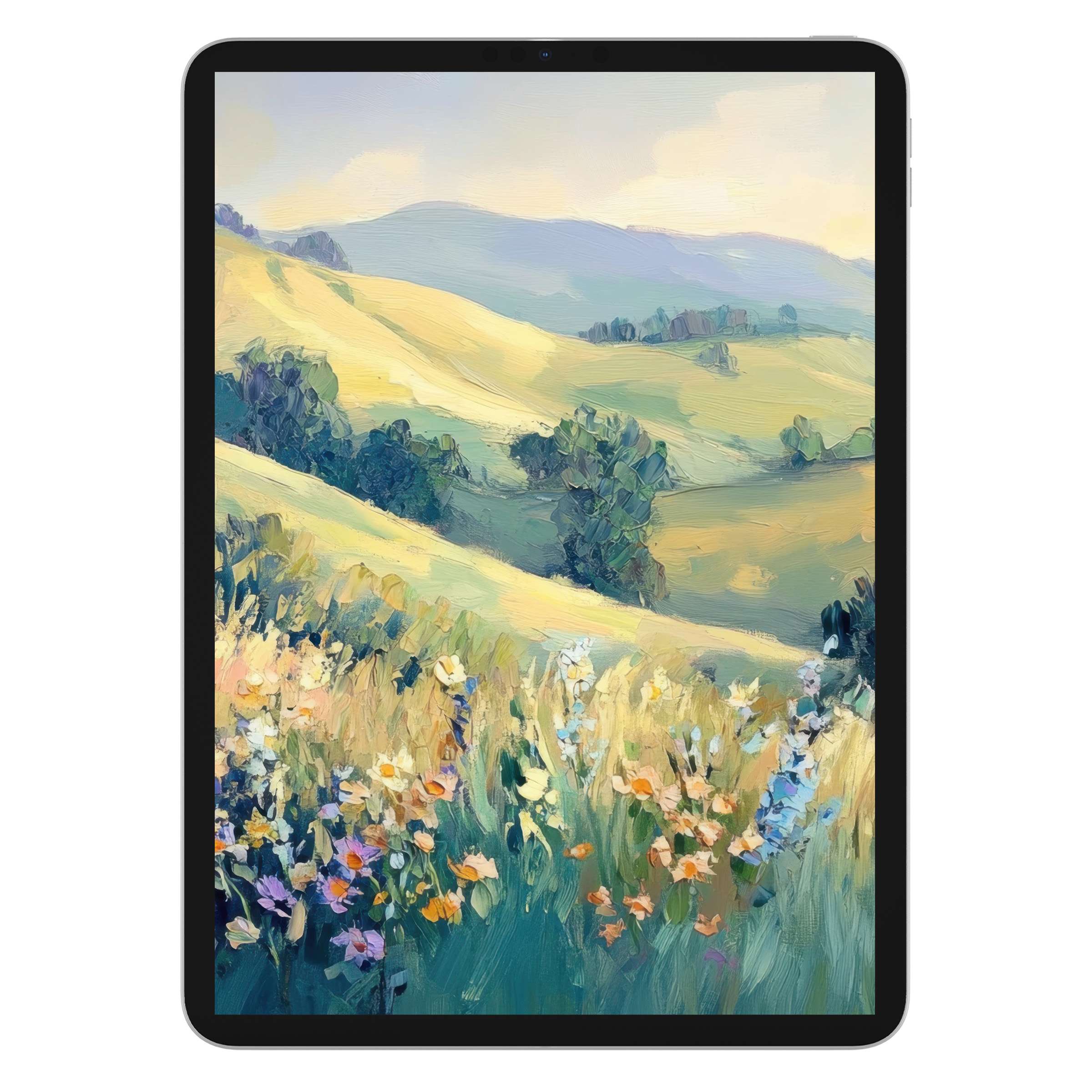 Inspire serenity with this digital download landscape iPad wallpaper, featuring lush fields and wildflowers, ideal tablet background