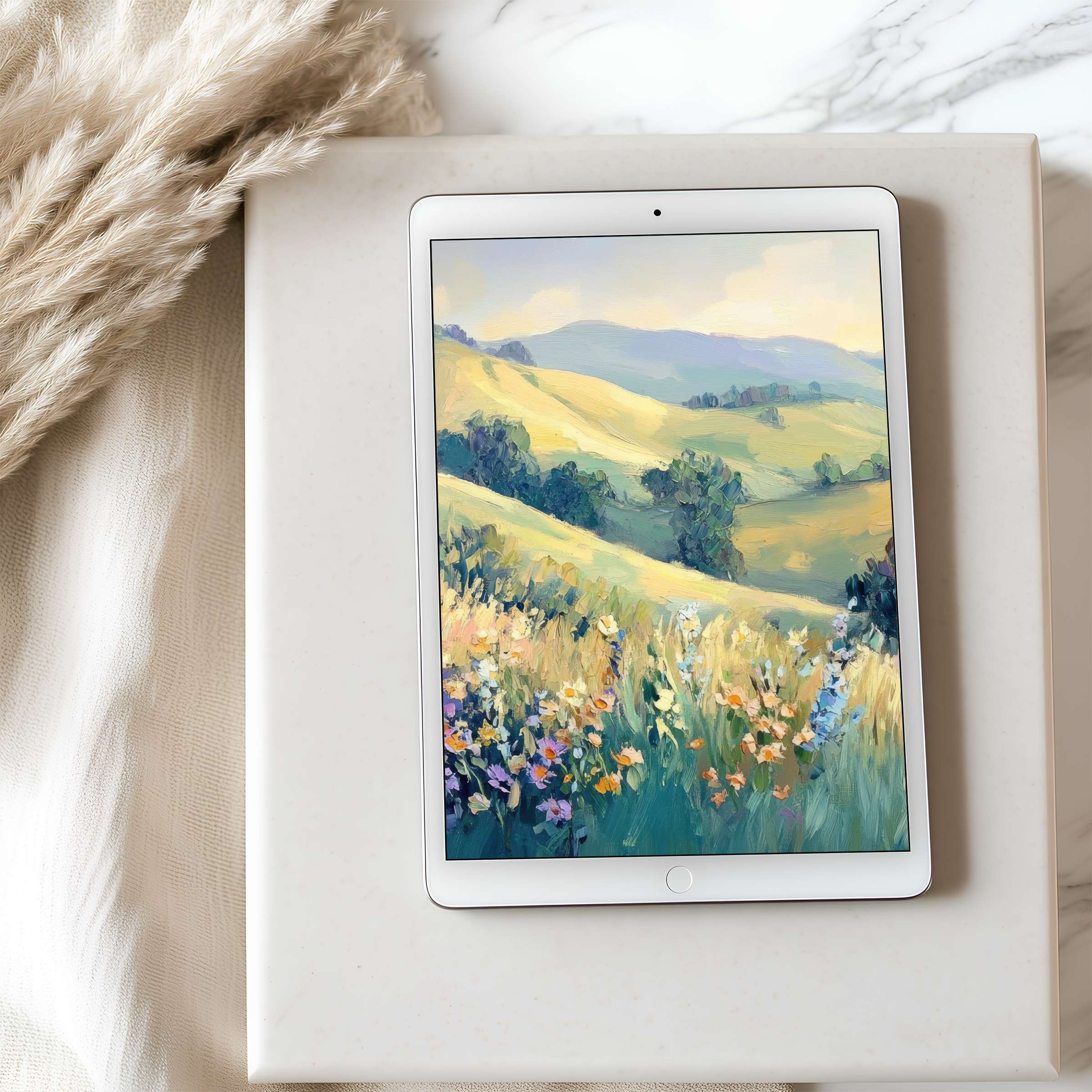 Elegant tablet wallpaper featuring serene pastel landscape painting on an iPad, perfect for a calm, aesthetic digital download