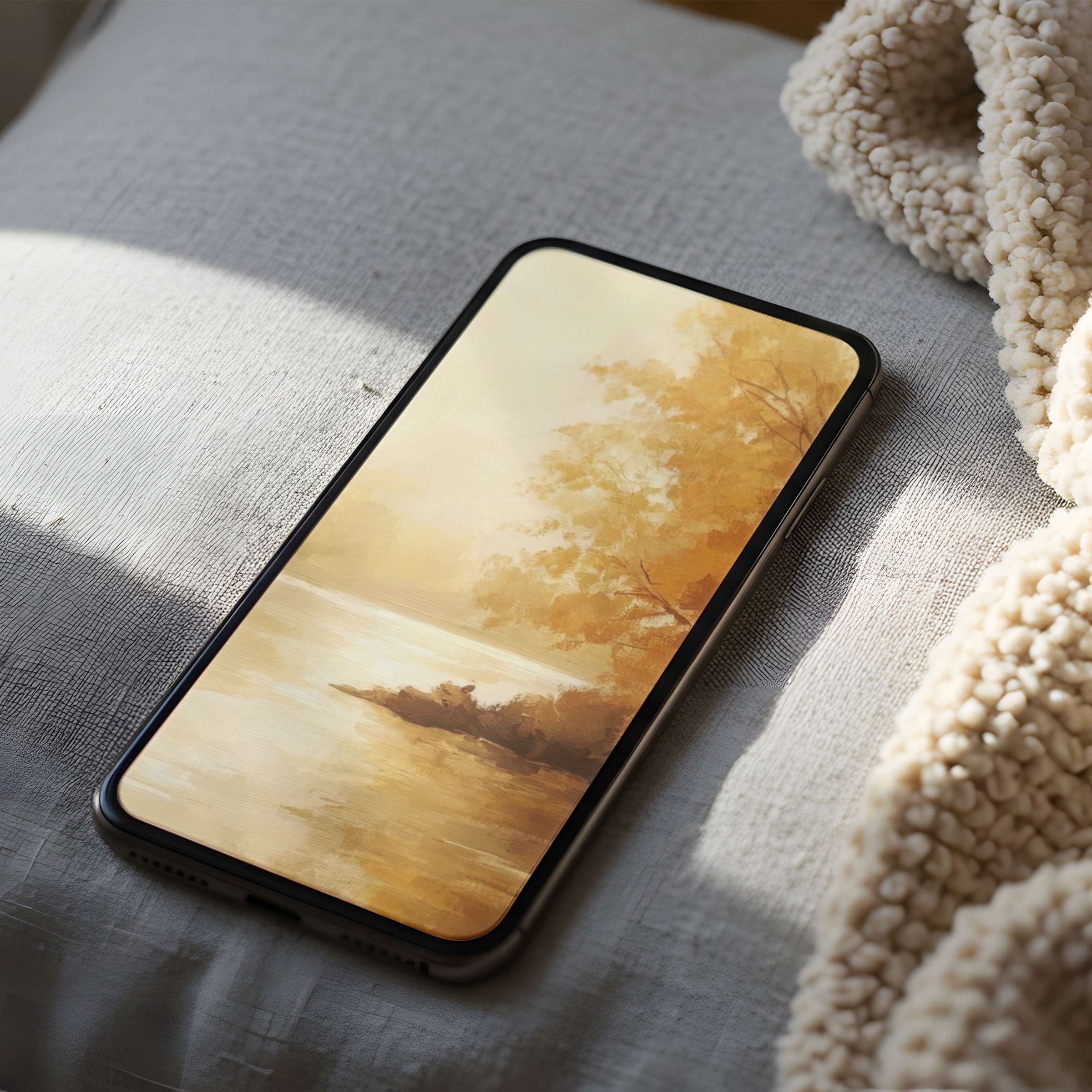 Autumnal landscape phone wallpaper in soft gold tones offers tranquility and elegance, perfect for high resolution iPhone or android screens