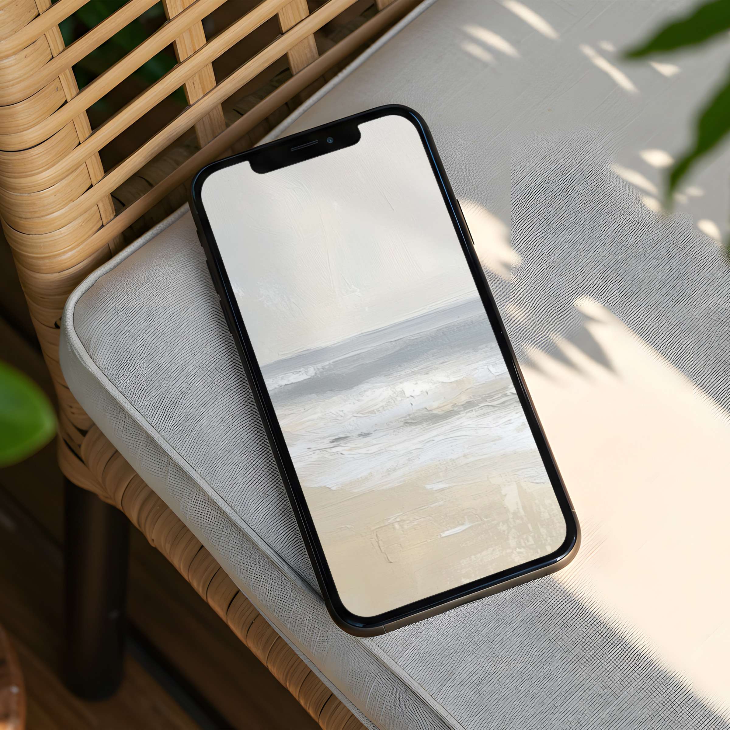 Elegant iPhone background featuring serene abstract seascape on a wicker chair for instant download to your phone for mindful tranquility